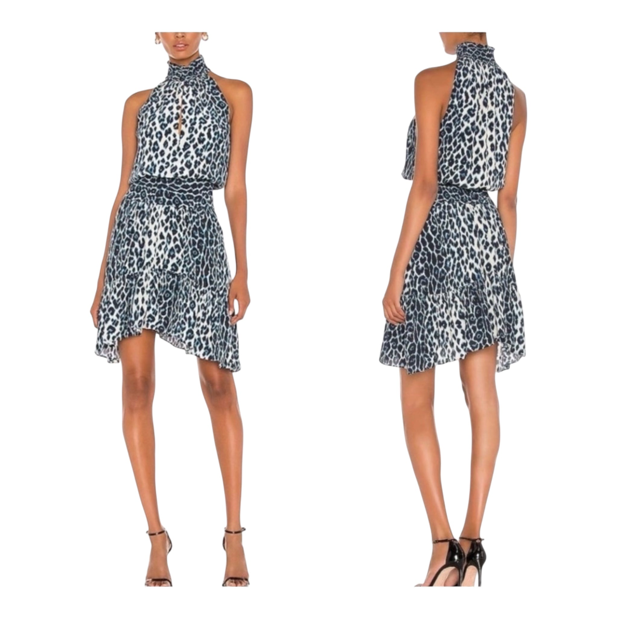 A.L.C. Cody Silk Leopard-Print Smocked Blue Leopard Dress Sz 0 $495