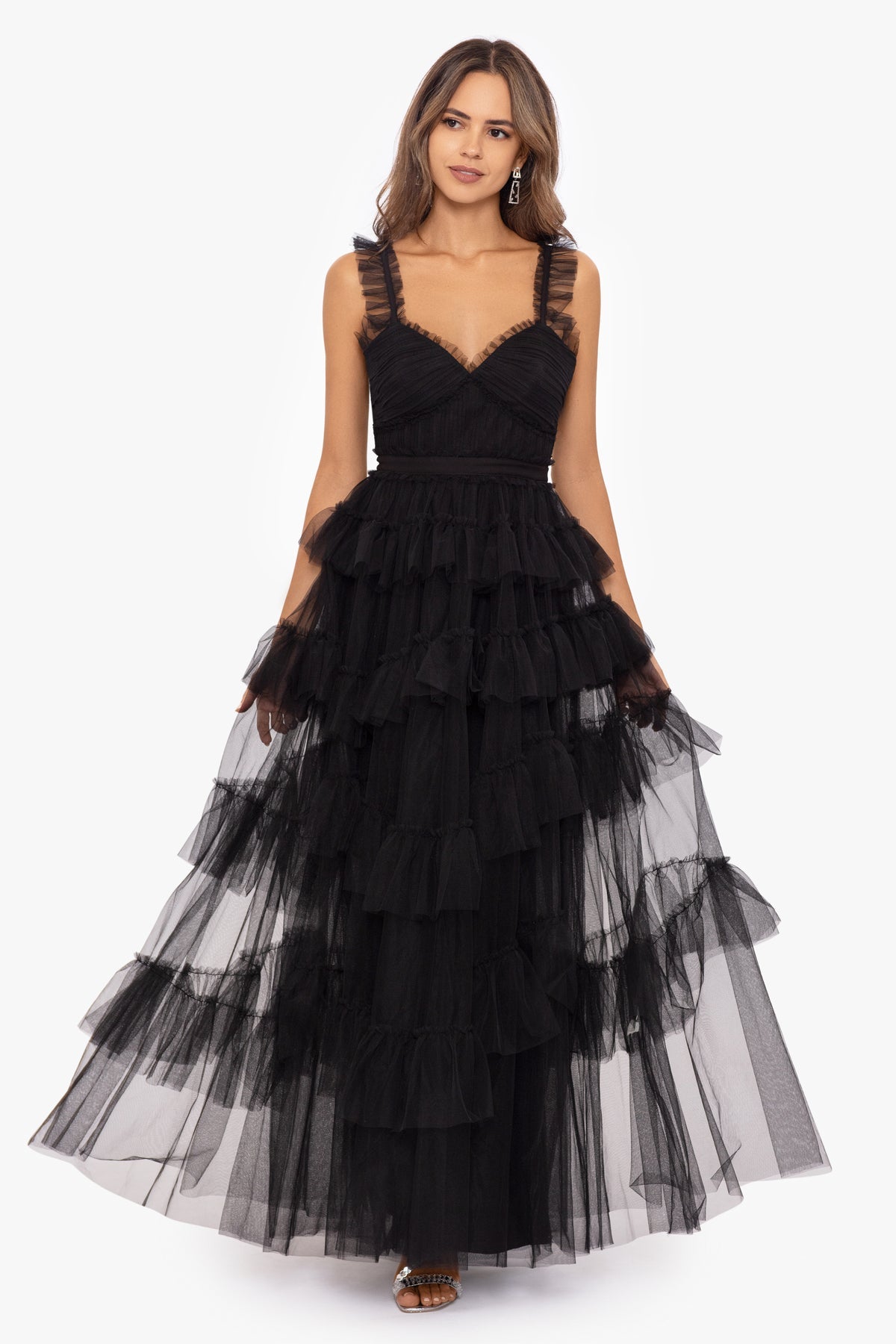 Betsy & Adam "GIGI" Long Ruffle Mesh Dress in Black Sz 2 $299