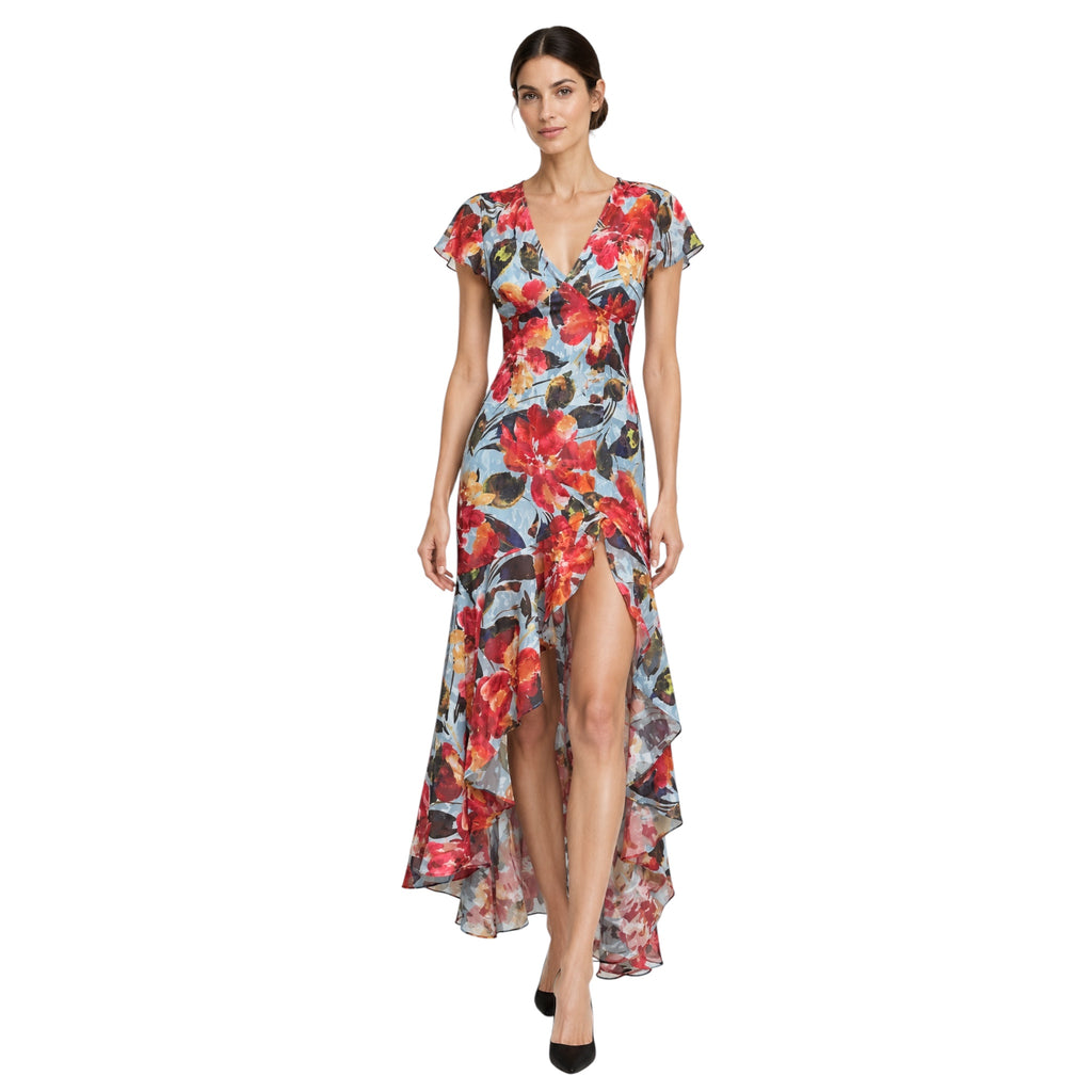 Hutch Floral Ruffle High-Low Maxi Dress Blue Red Size 2