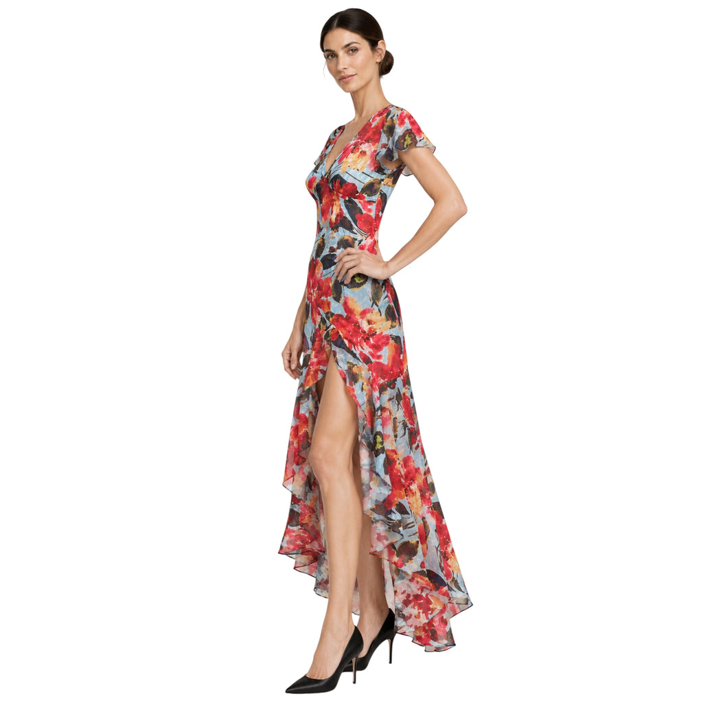 Hutch Floral Ruffle High-Low Maxi Dress Blue Red Size 2