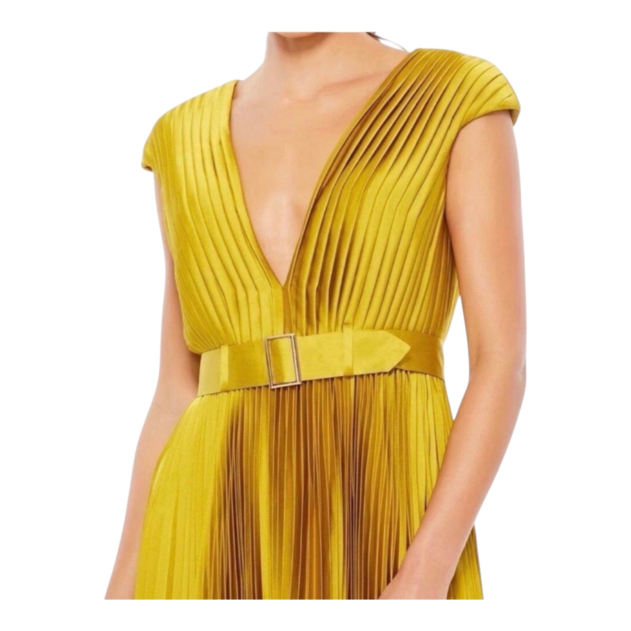 MAC DUGGAL Pleated Cap Sleeve Belted ALine Dress 26483
Chartreuse Sz 8