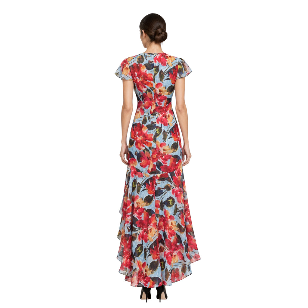 Hutch Floral Ruffle High-Low Maxi Dress Blue Red Size 2