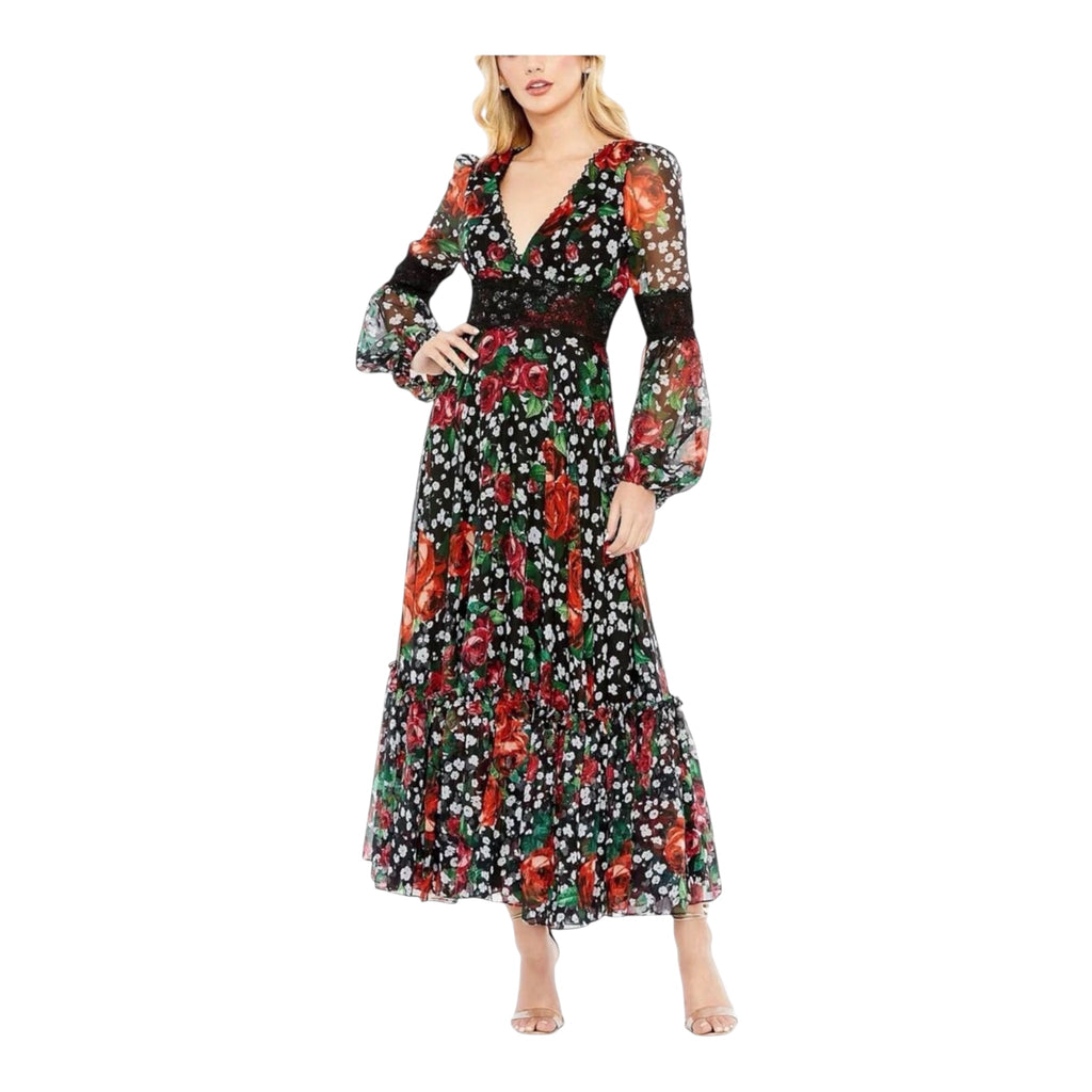 Mac Duggal 11402 Floral Chiffon Lace Puff Sleeve Midi Dress Black Size 6