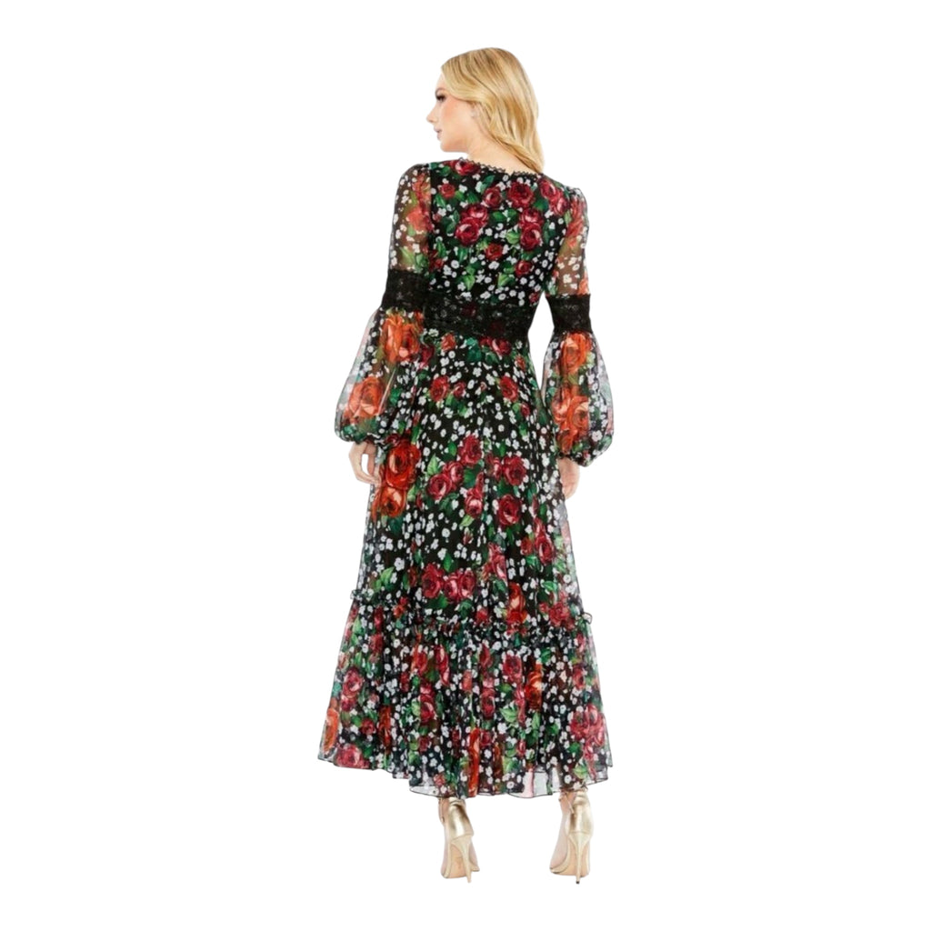 Mac Duggal 11402 Floral Chiffon Lace Puff Sleeve Midi Dress Black Size 6