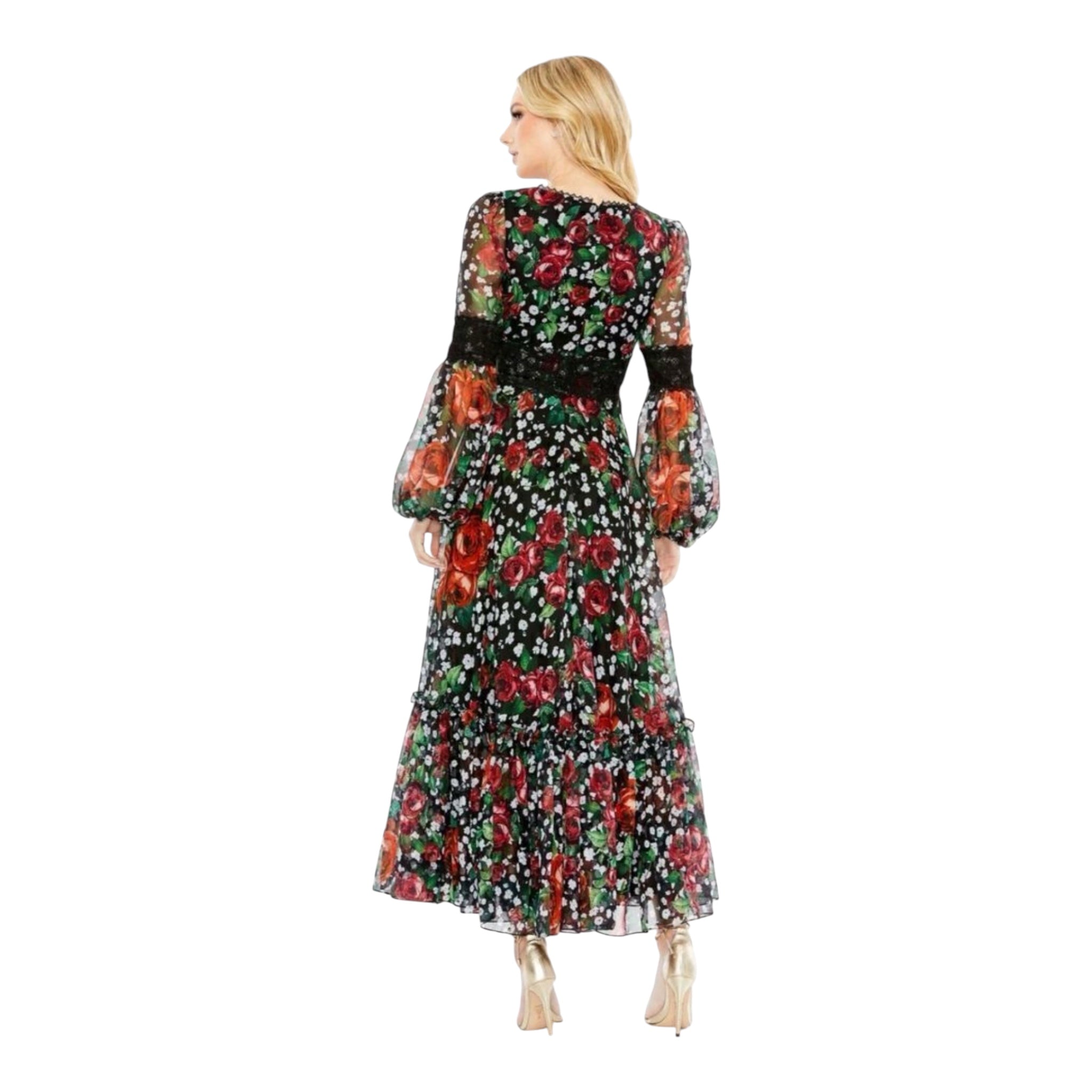 Mac Duggal 11402 Floral Chiffon Lace Puff Sleeve Midi Dress Black Size 6