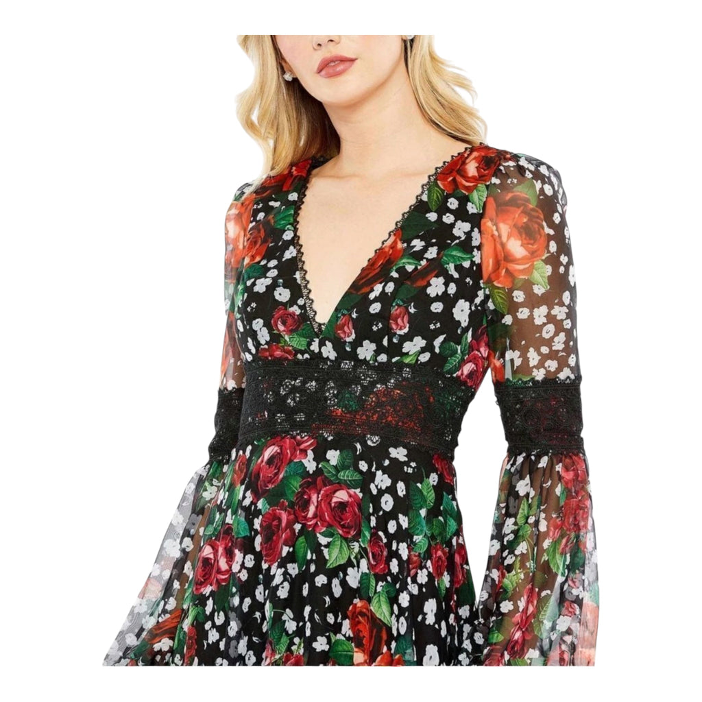 Mac Duggal 11402 Floral Chiffon Lace Puff Sleeve Midi Dress Black Size 6