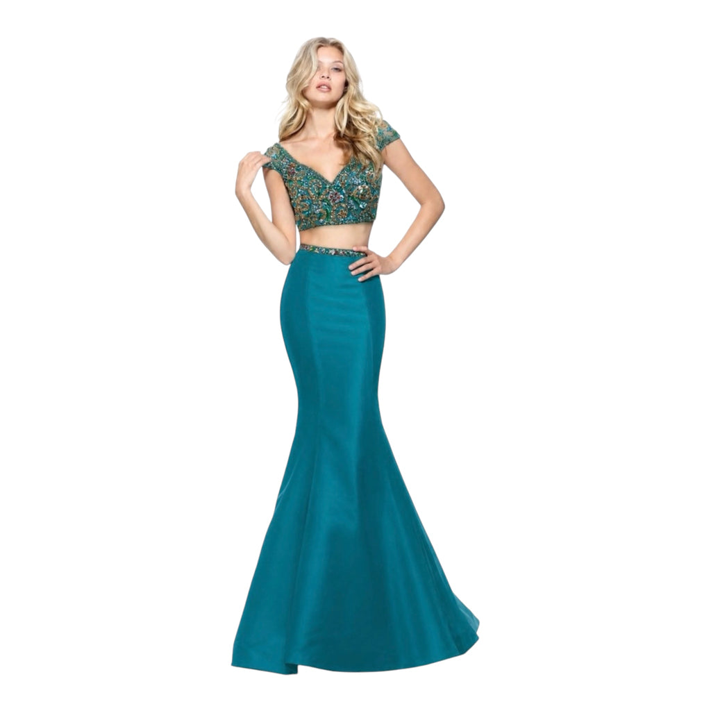 Sherri Hill 51167 Aqua Beaded Two Piece Gown Mermaid Formal Dress Sz 2