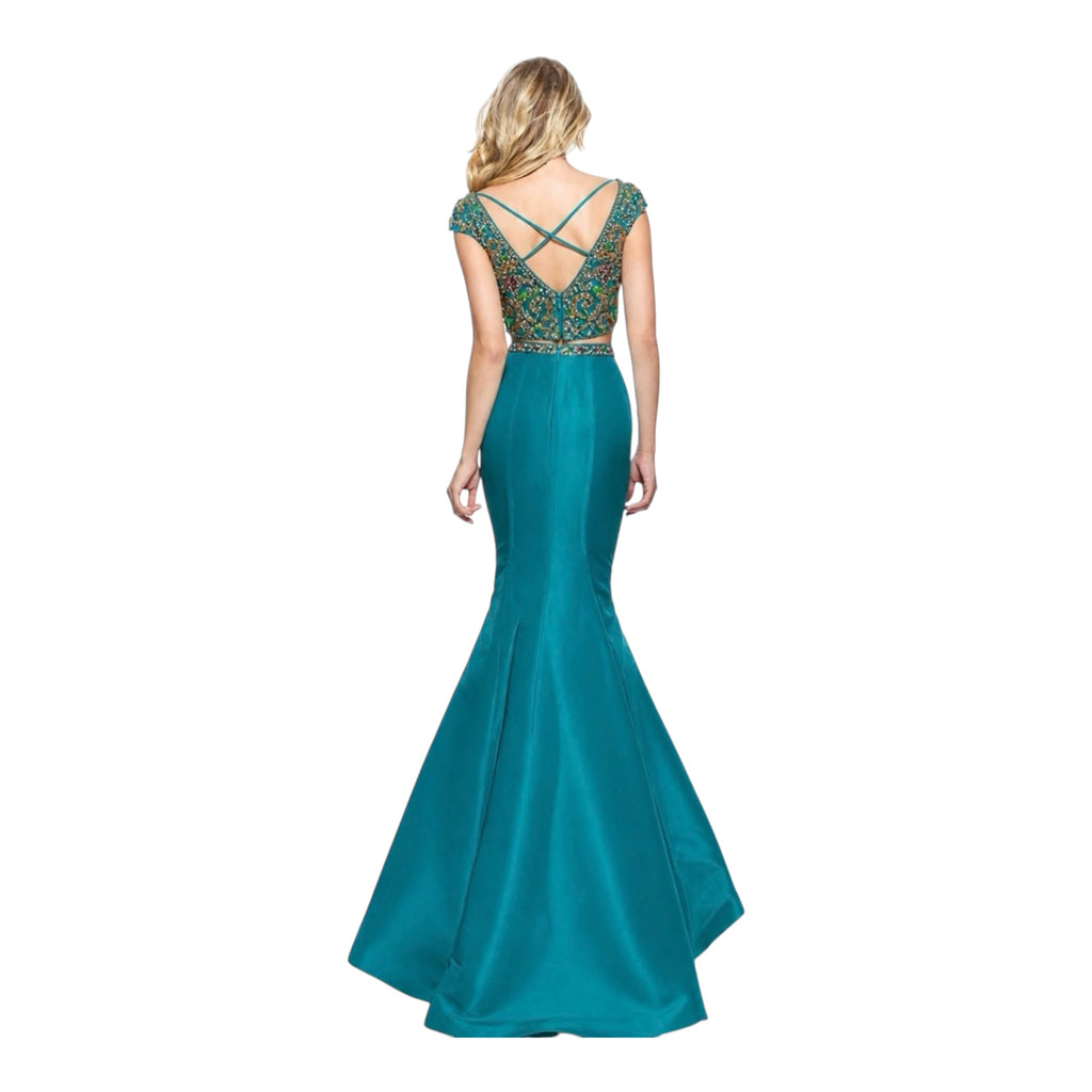 Sherri Hill 51167 Aqua Beaded Two Piece Gown Mermaid Formal Dress Sz 2