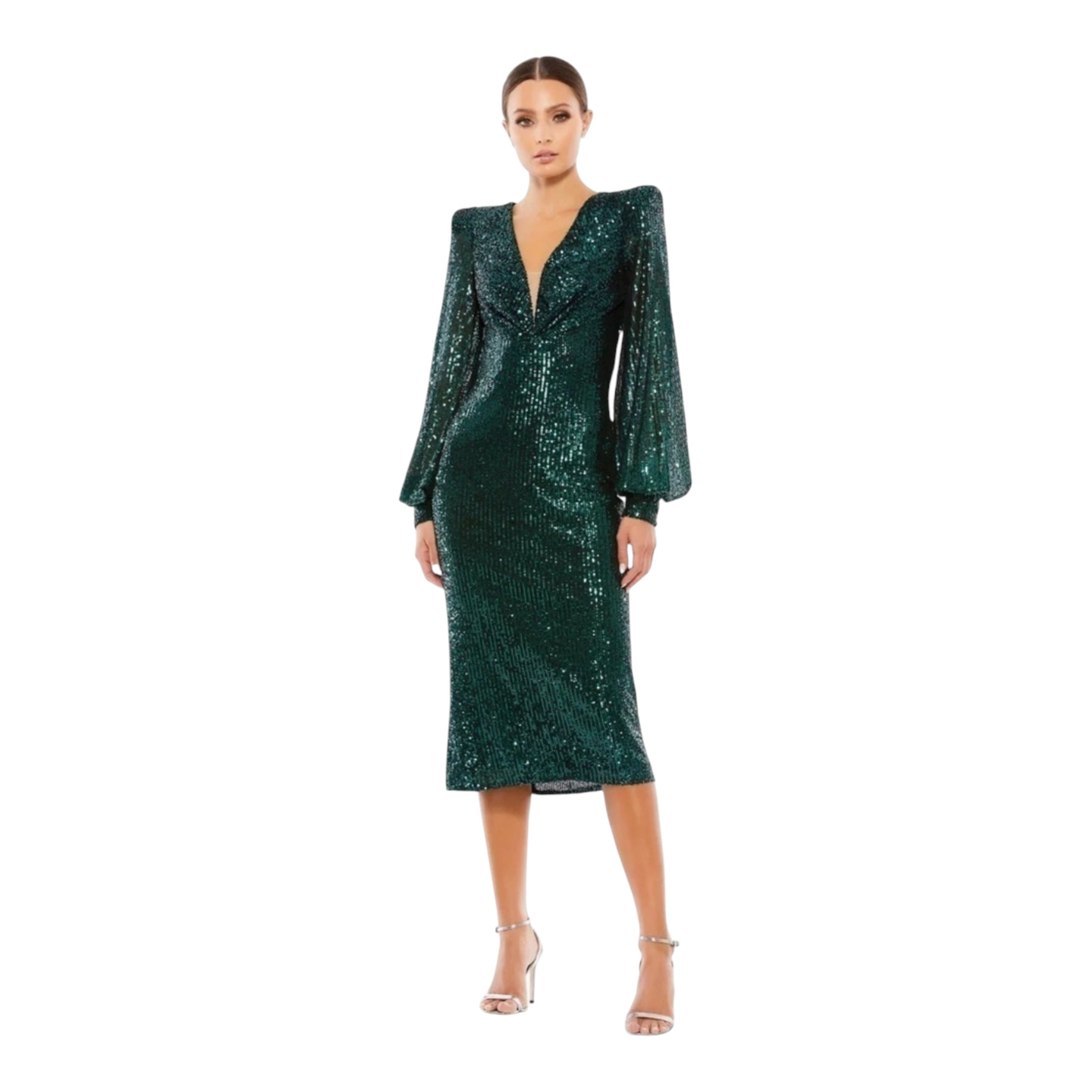 Ieena for Mac Duggal Sequin Mesh Plunge Midi Dress – Black Emerald – Size 4