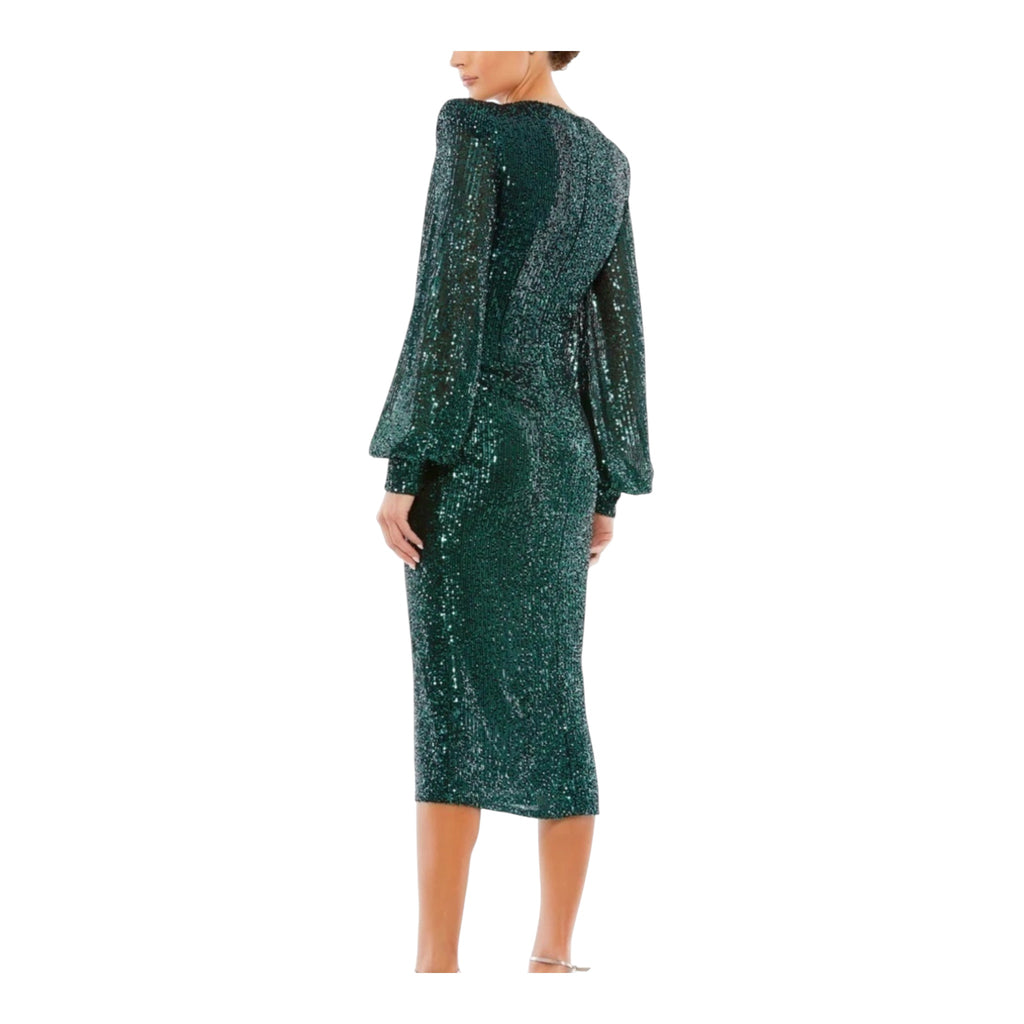 Ieena for Mac Duggal Sequin Mesh Plunge Midi Dress – Black Emerald – Size 4