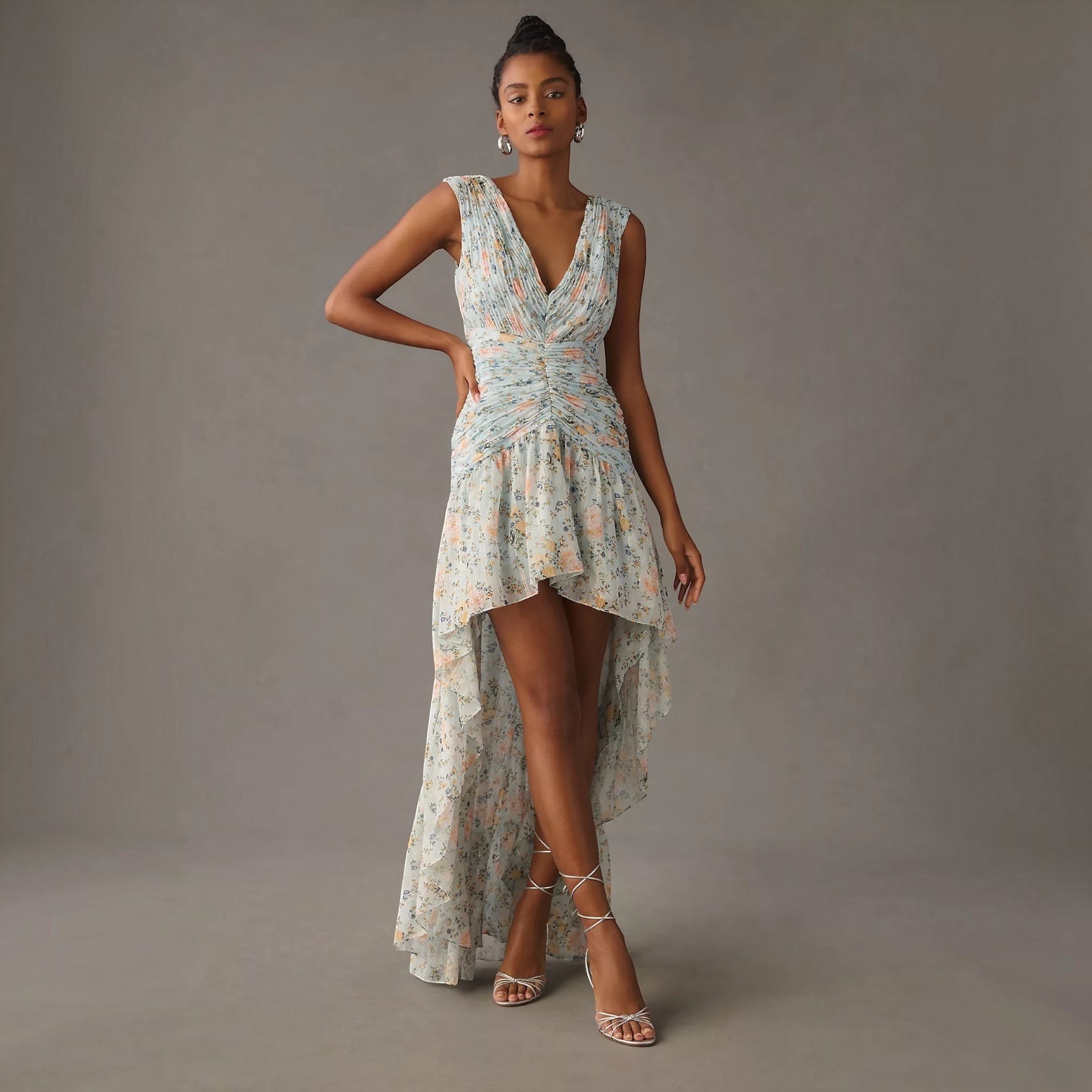Mac Duggal 55826 Metallic Floral Print Chiffon High-Low Gown – Blue – Size 2
