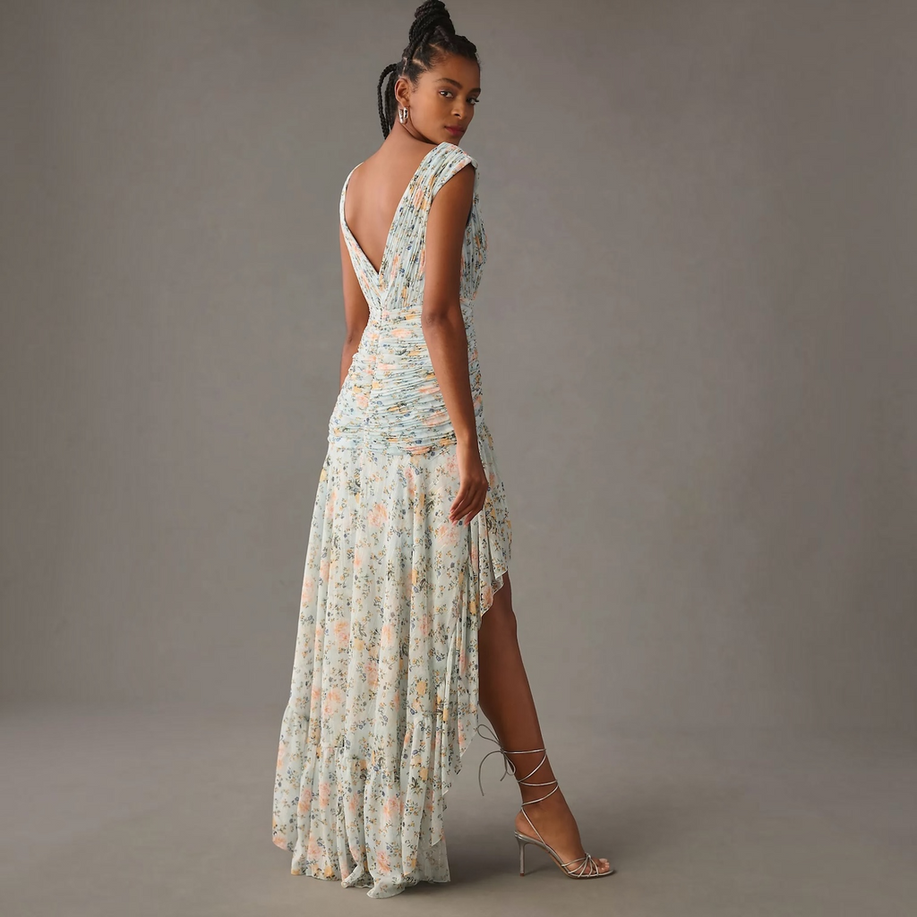 Mac Duggal 55826 Metallic Floral Print Chiffon High-Low Gown – Blue – Size 2