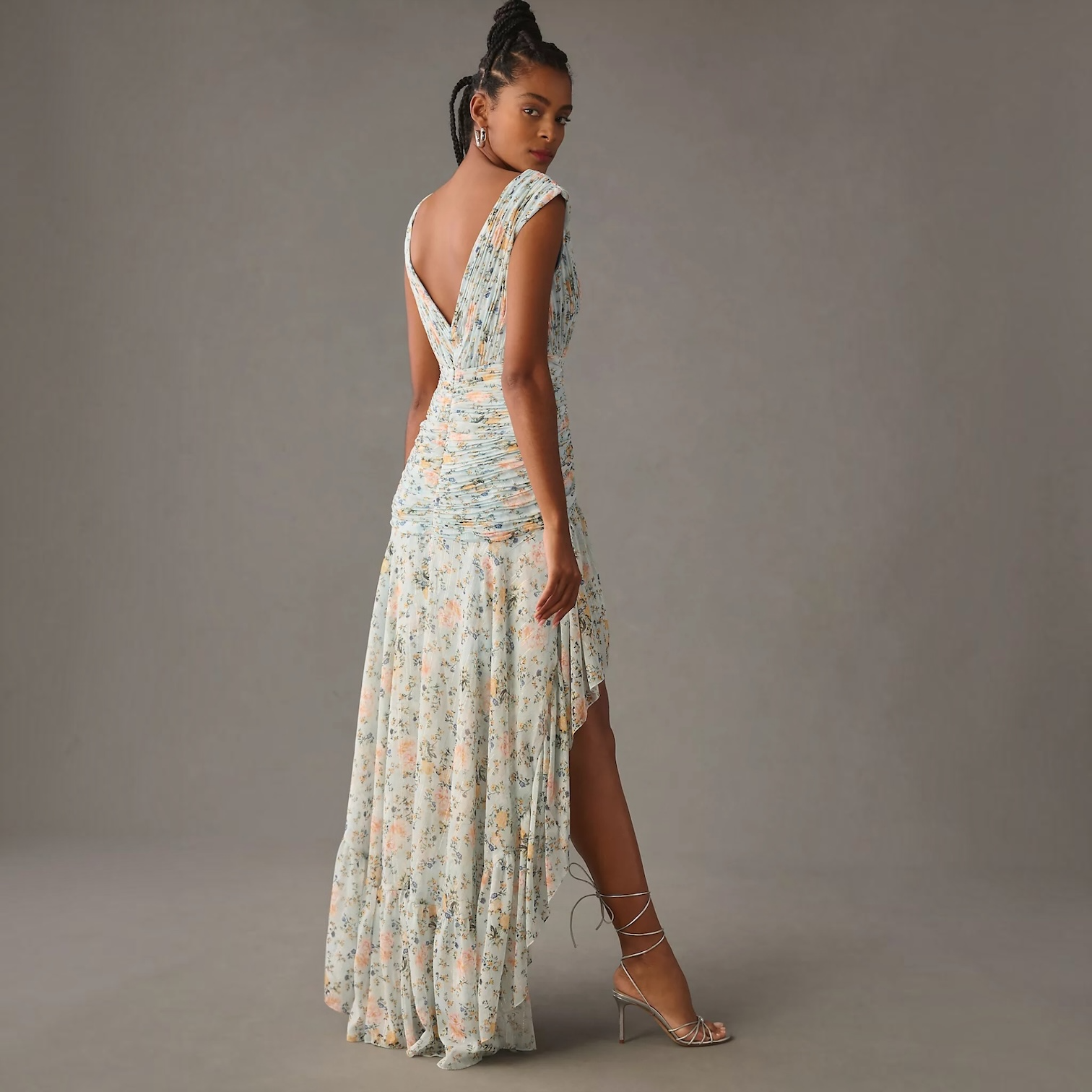 Mac Duggal 55826 Metallic Floral Print Chiffon High-Low Gown – Blue – Size 2