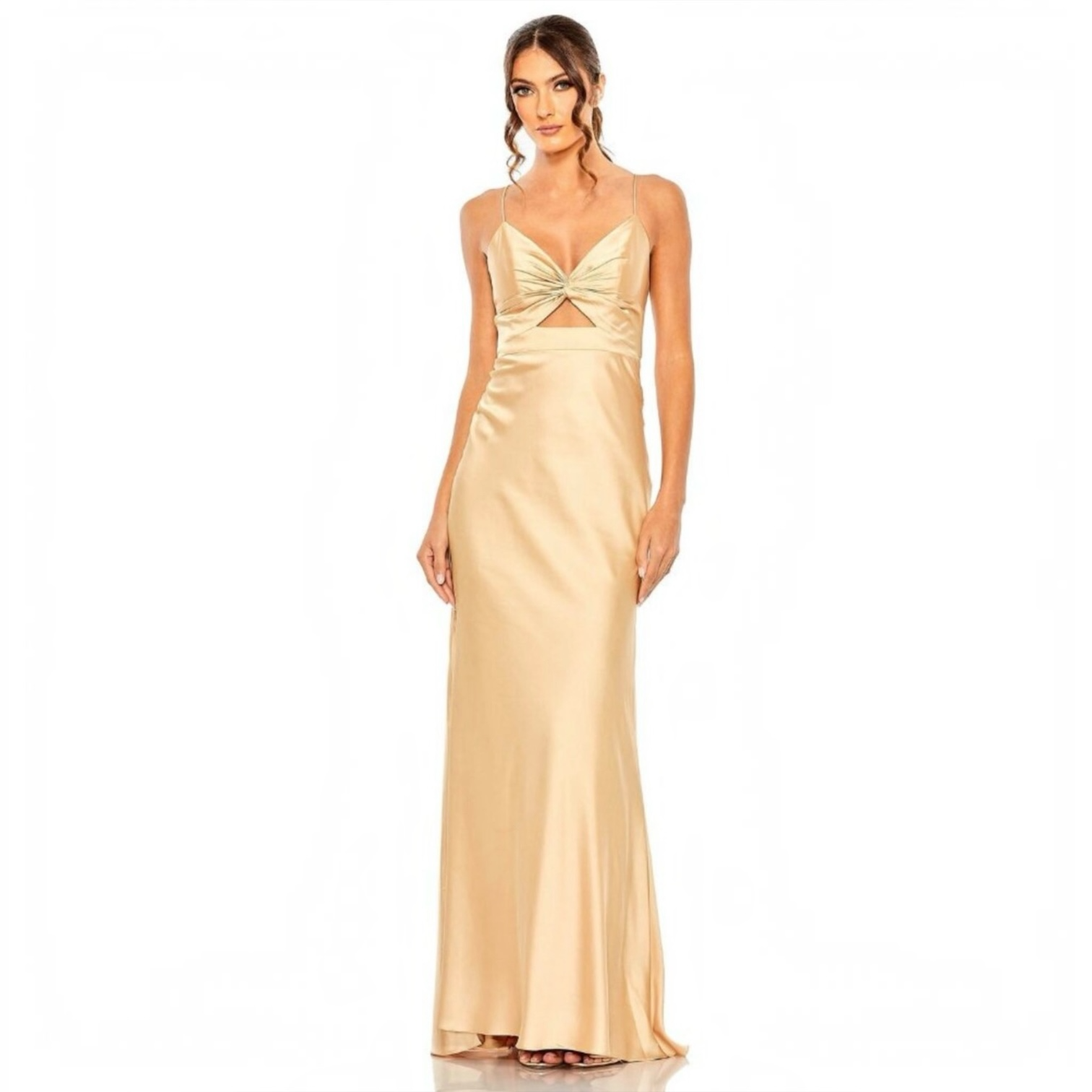 Ieena for Mac Duggal 68347 Champagne Tie-Front Keyhole Gown – Size 6