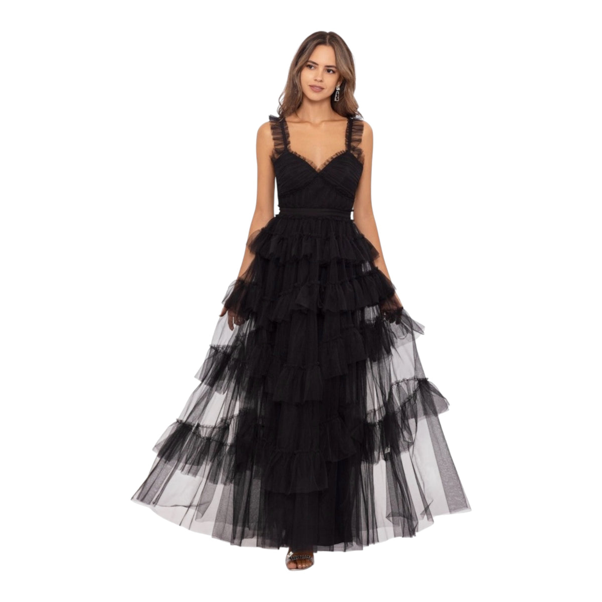 Betsy & Adam "GIGI" Long Ruffle Mesh Dress in Black Sz 2