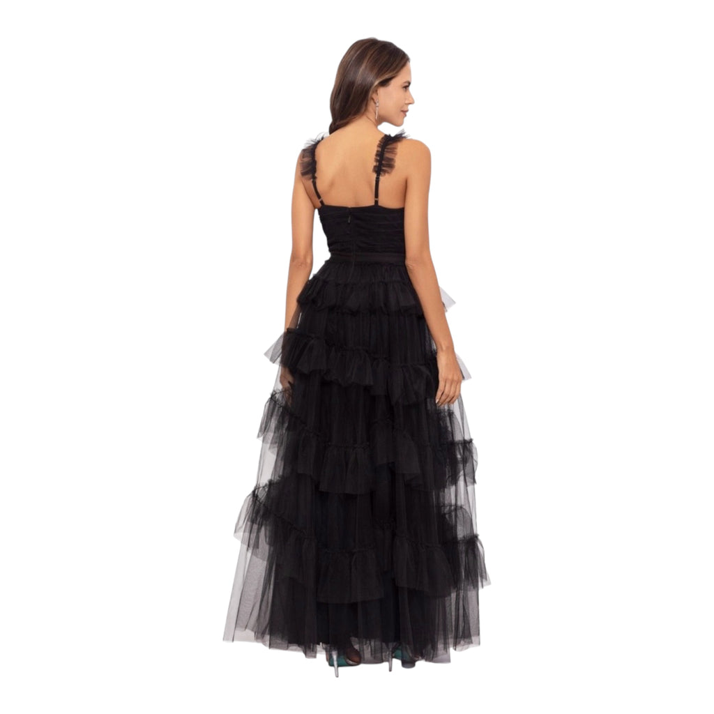 Betsy & Adam "GIGI" Long Ruffle Mesh Dress in Black Sz 2