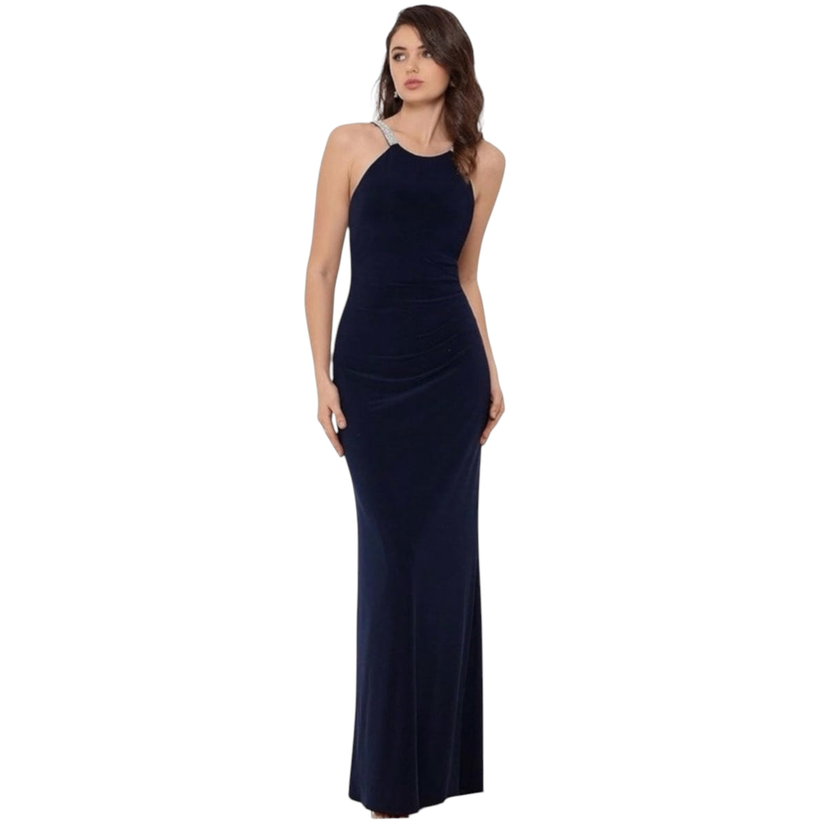 Betsy & Adam Women's Halter Neck Jewel Strap Gown in
Midnight Sz 14