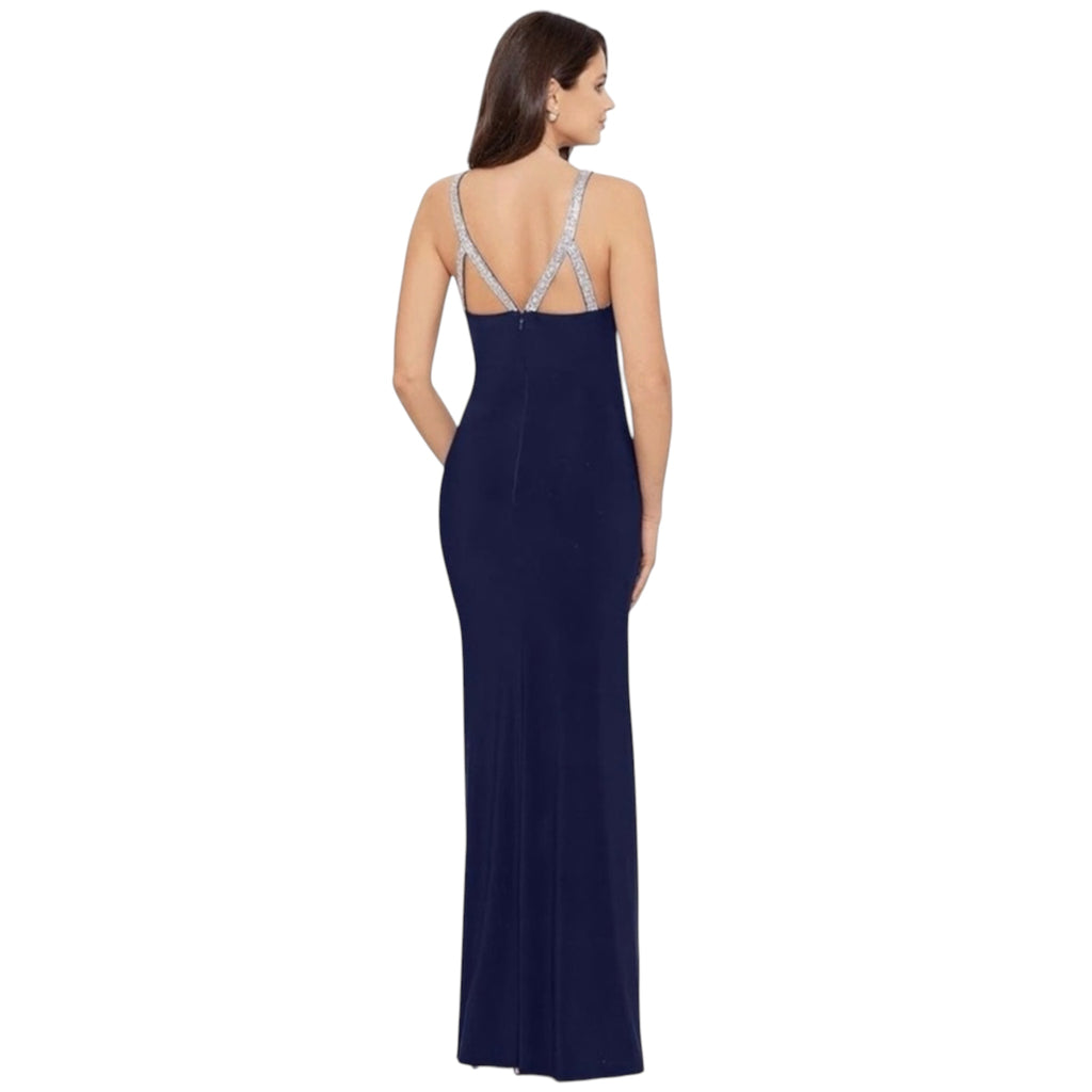Betsy & Adam Women's Halter Neck Jewel Strap Gown in
Midnight Sz 14