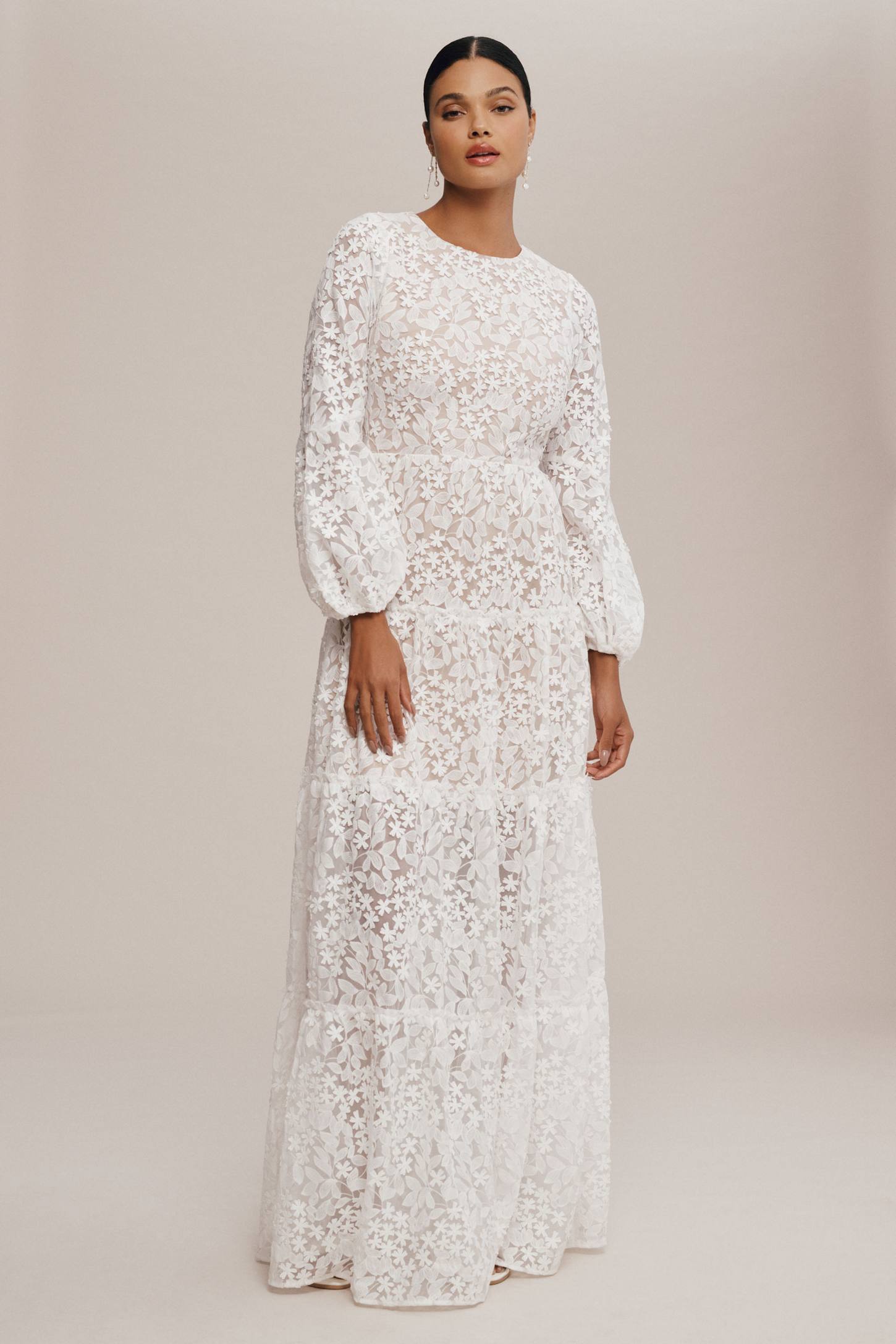 Dress The Population Lyra Puff-Sleeve Tiered Embroidered Gown White Sz Medium $398