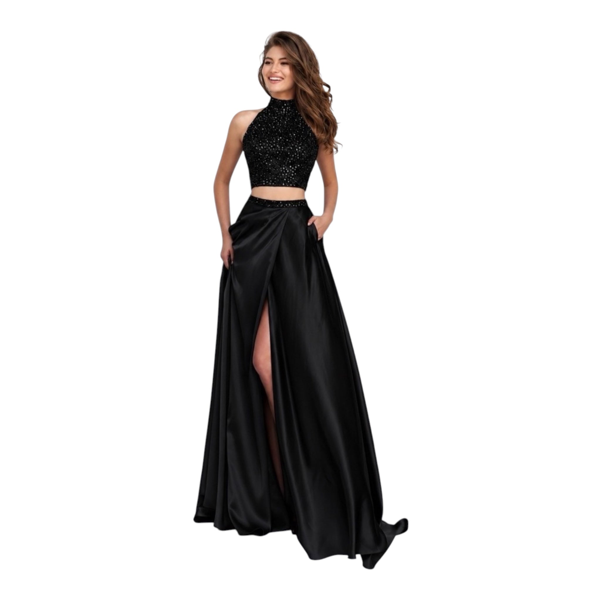 Sherri Hill 11330 Black Two Piece Halter High Slit Prom Gown
Dress Sz 6