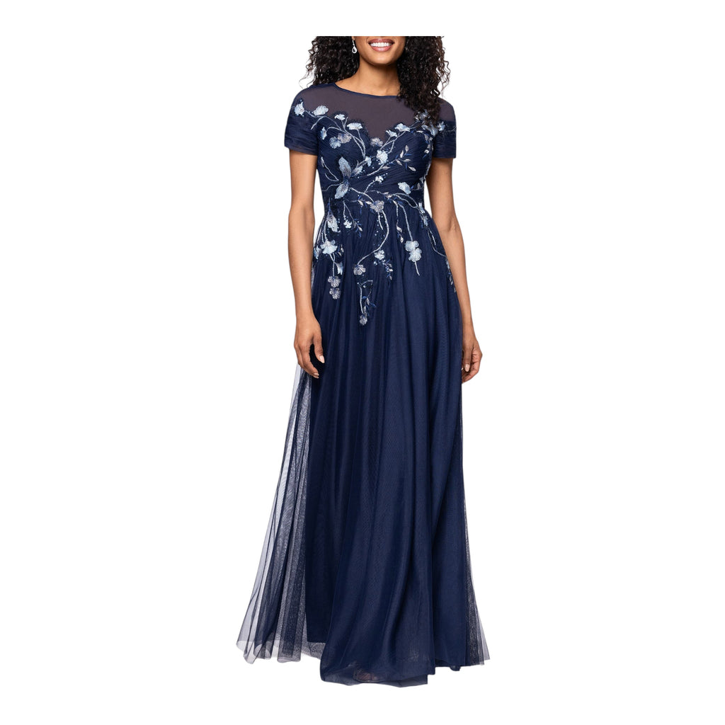 Betsy & Adam Embroidered Sequin Floral Bodice Mesh Gown Navy Size 6