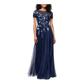 Betsy & Adam Embroidered Sequin Floral Bodice Mesh Gown Navy Size 6