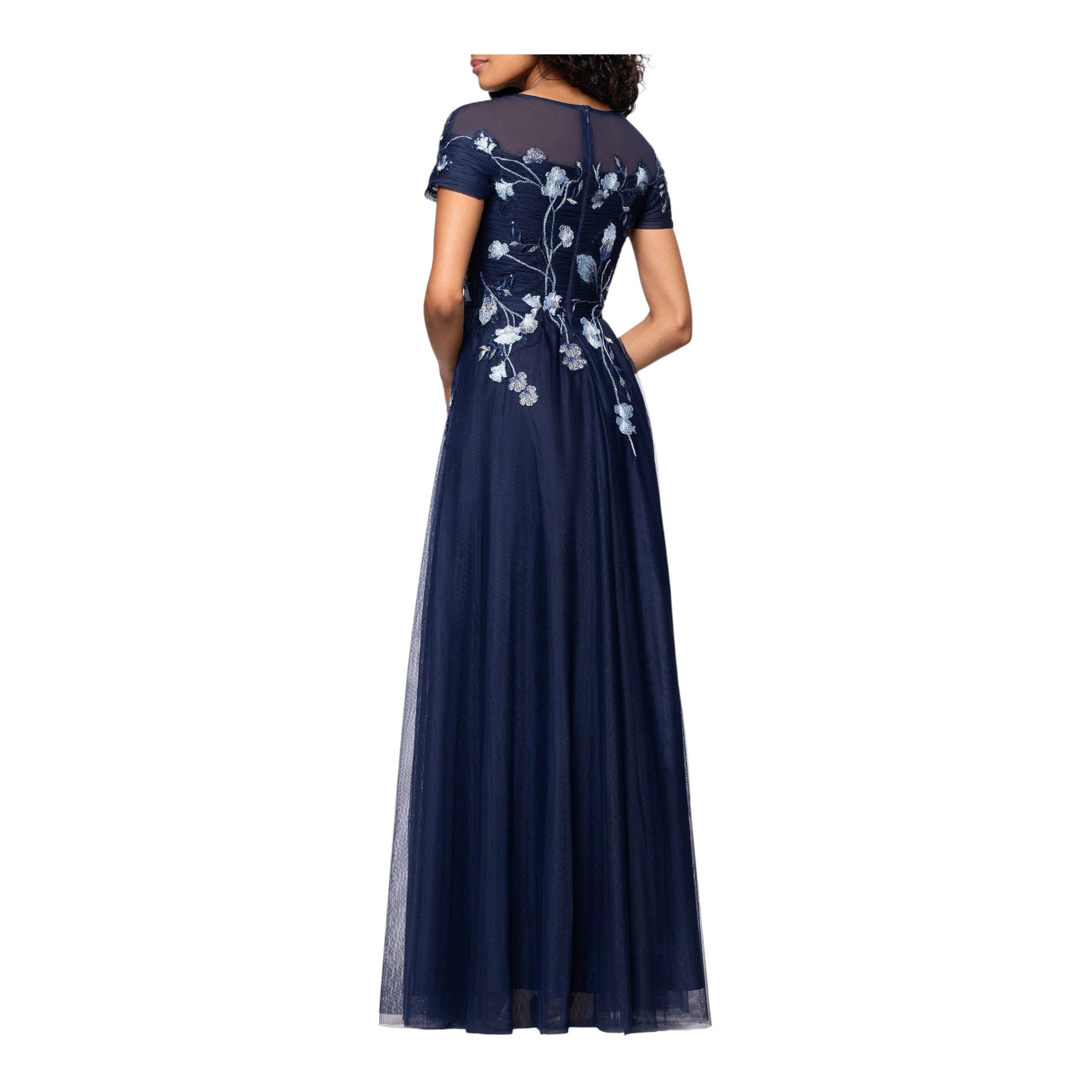 Betsy & Adam Embroidered Sequin Floral Bodice Mesh Gown Navy Size 6
