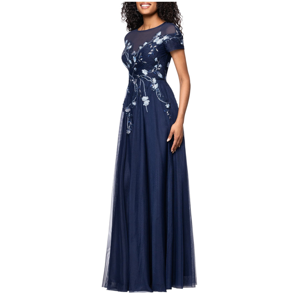 Betsy & Adam Embroidered Sequin Floral Bodice Mesh Gown Navy Size 6