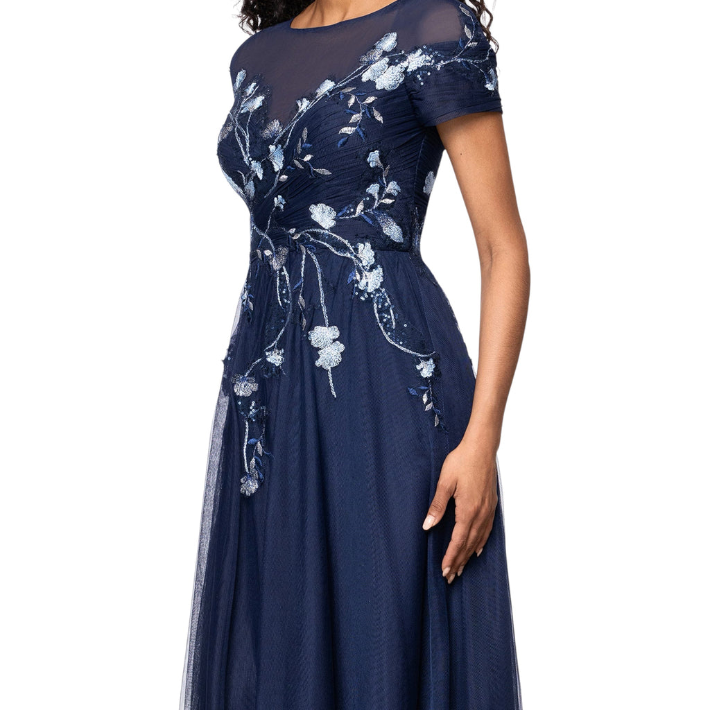 Betsy & Adam Embroidered Sequin Floral Bodice Mesh Gown Navy Size 6