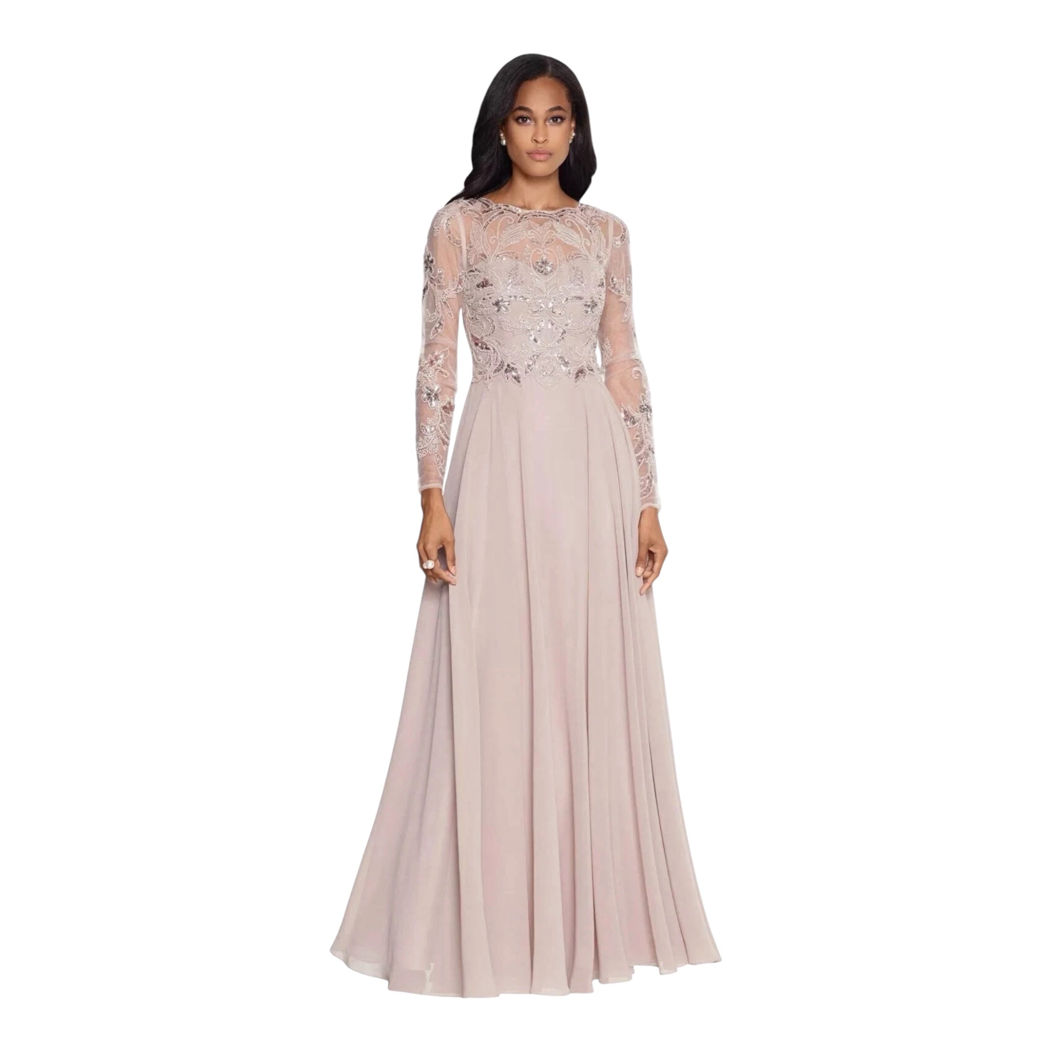 Xscape Mason 3174X Beaded Long Sleeve Chiffon Gown Taupe Size 18W