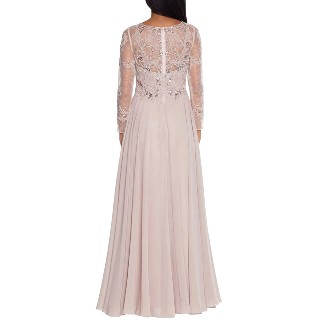 Xscape Mason 3174X Beaded Long Sleeve Chiffon Gown Taupe Size 18W