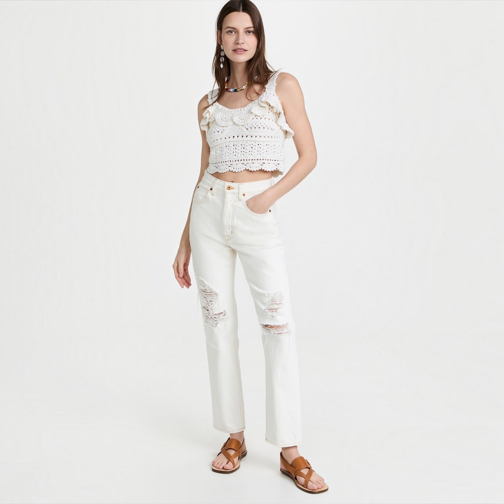 SLVRLAKE Dakota Ivory Destructed High
Rise Straight Leg Jeans Size 24
