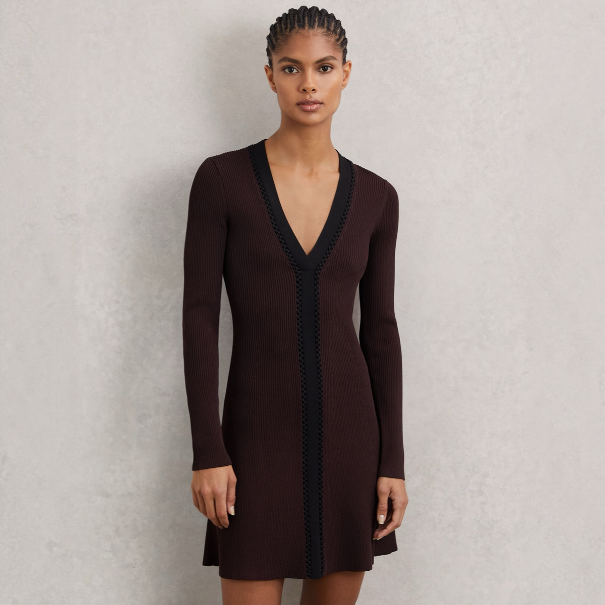 REISS Alma Craft-Stitch Rib-Knit Mini Dress Burgundy Black XS