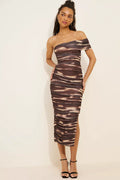 Elliatt Miley One Shoulder Mesh Midi Dress Chocolate Brown NWT Sz Small $250