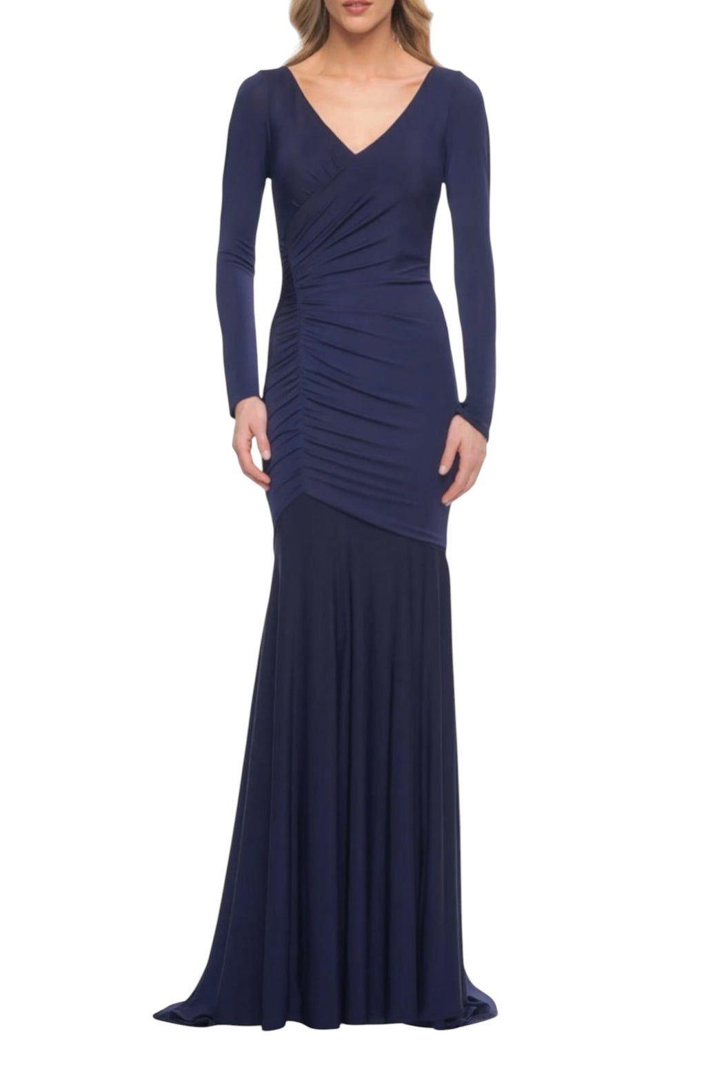 La Femme 30010 Ruched Jersey Long Sleeve Gown Dress Navy Sz 14