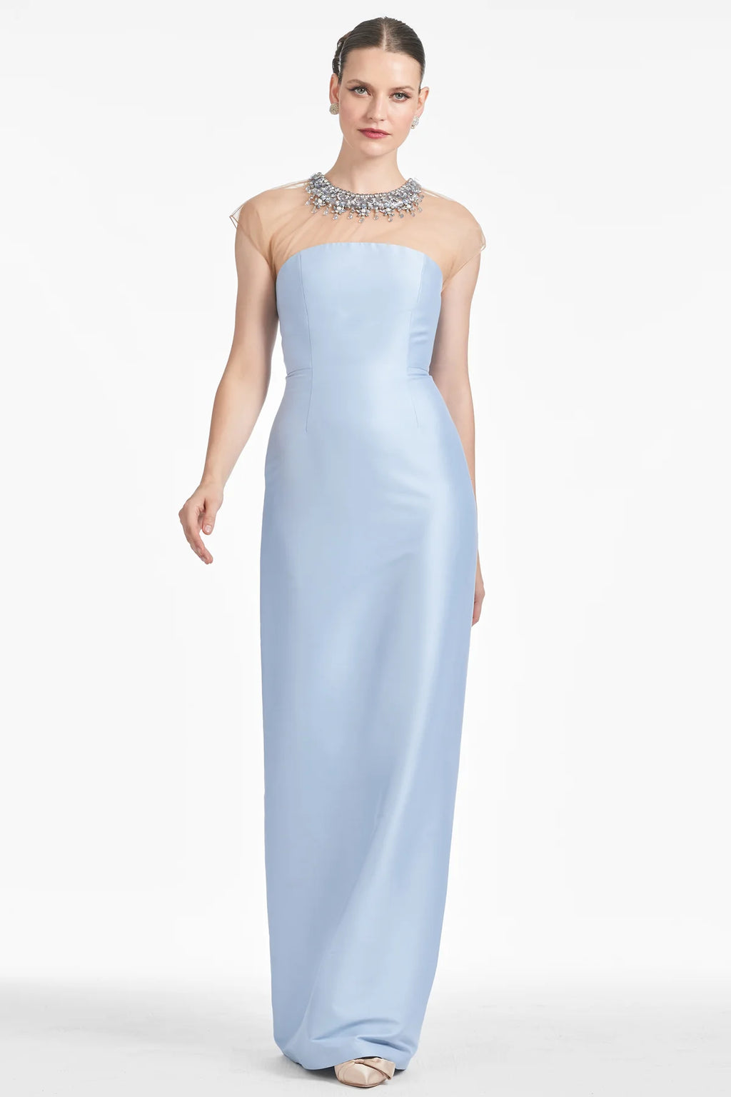 Sachin & Babi Irina Gown Glacial Blue Size 6 NWT Beaded Illusion Neck $995