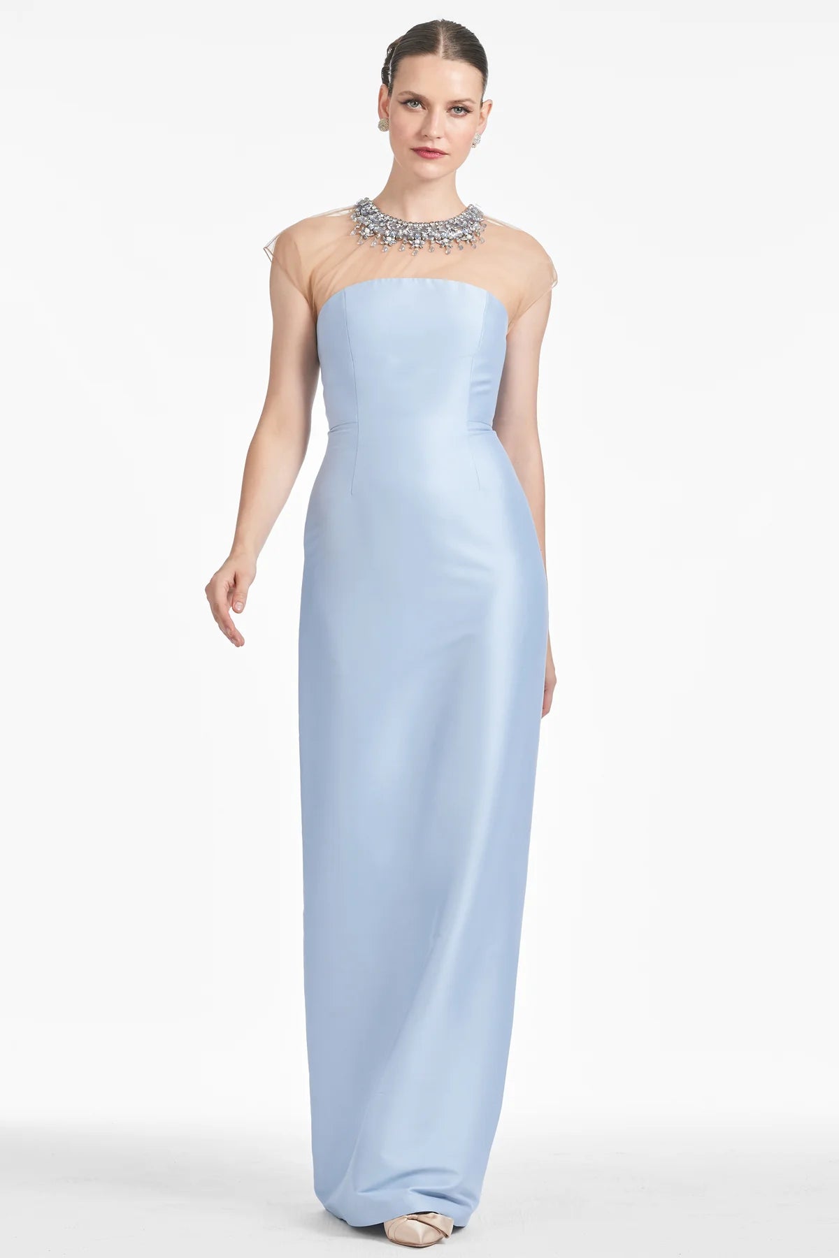 Sachin & Babi Irina Gown Glacial Blue Size 6 NWT Beaded Illusion Neck $995