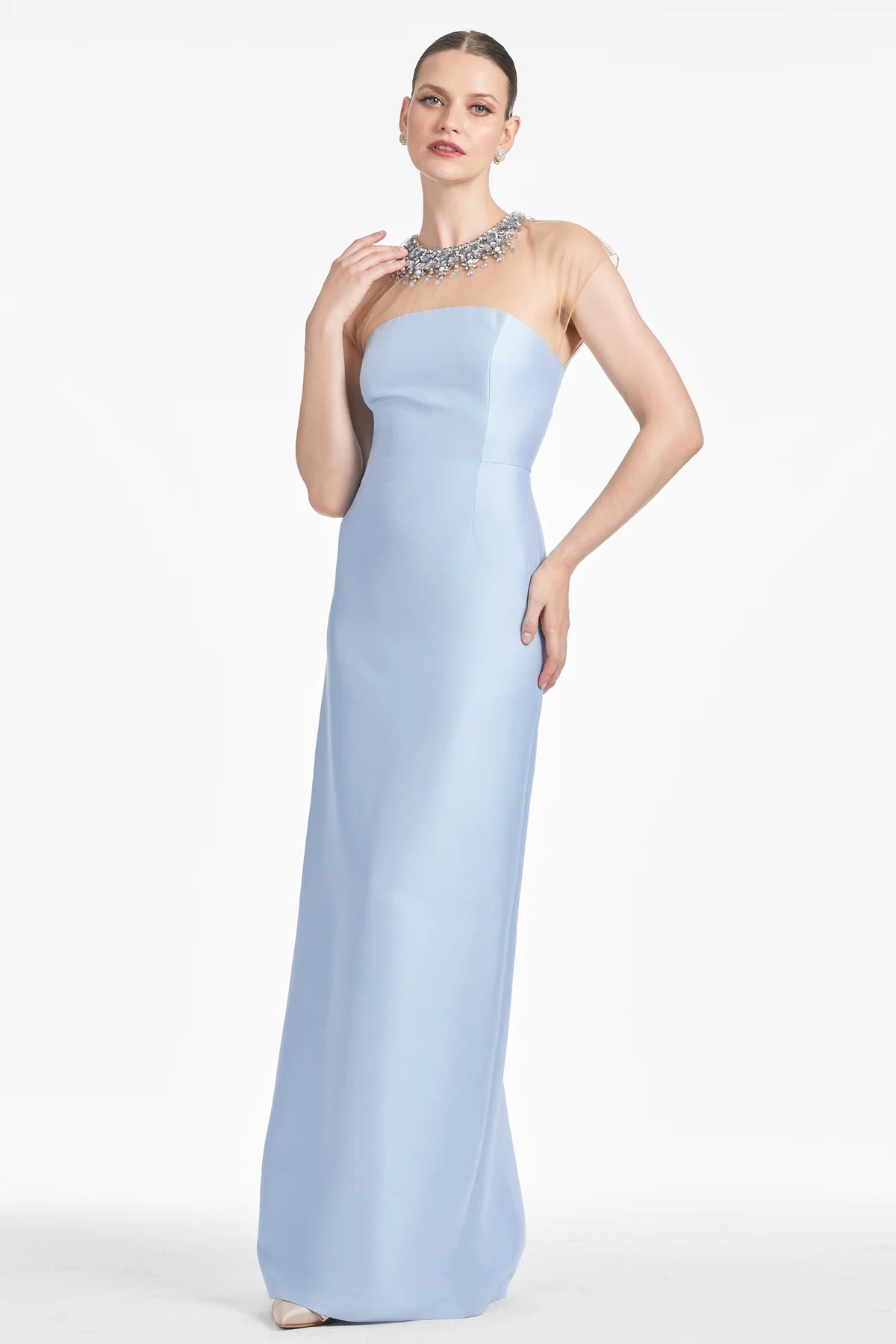 Sachin & Babi Irina Gown Glacial Blue Size 6 NWT Beaded Illusion Neck $995