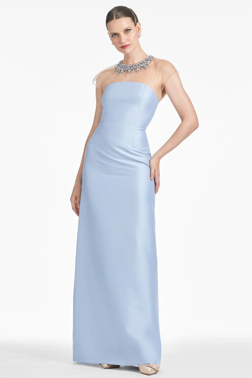 Sachin & Babi Irina Gown Glacial Blue Size 6 NWT Beaded Illusion Neck $995
