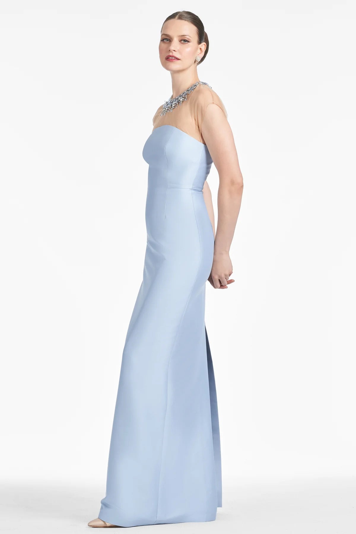 Sachin & Babi Irina Gown Glacial Blue Size 6 NWT Beaded Illusion Neck $995