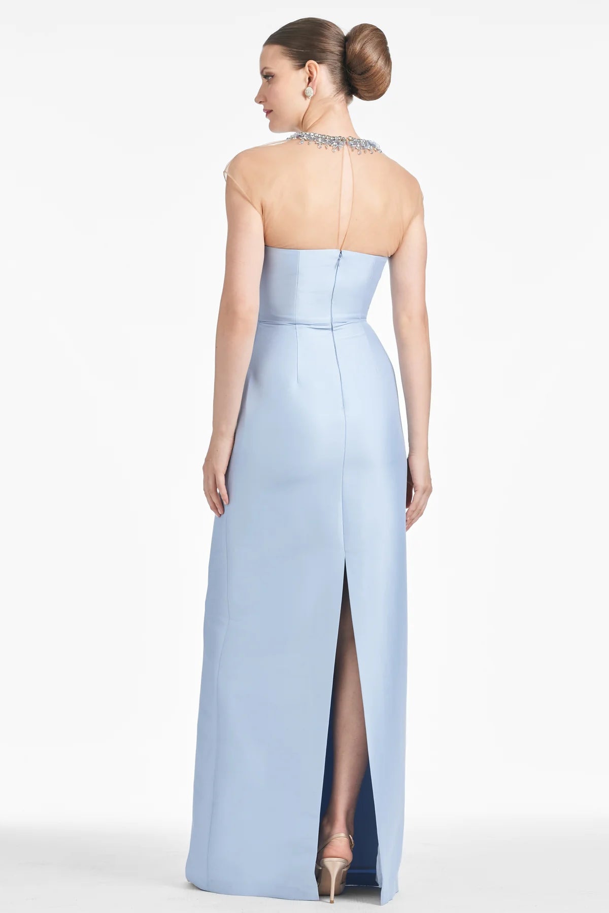 Sachin & Babi Irina Gown Glacial Blue Size 6 NWT Beaded Illusion Neck $995