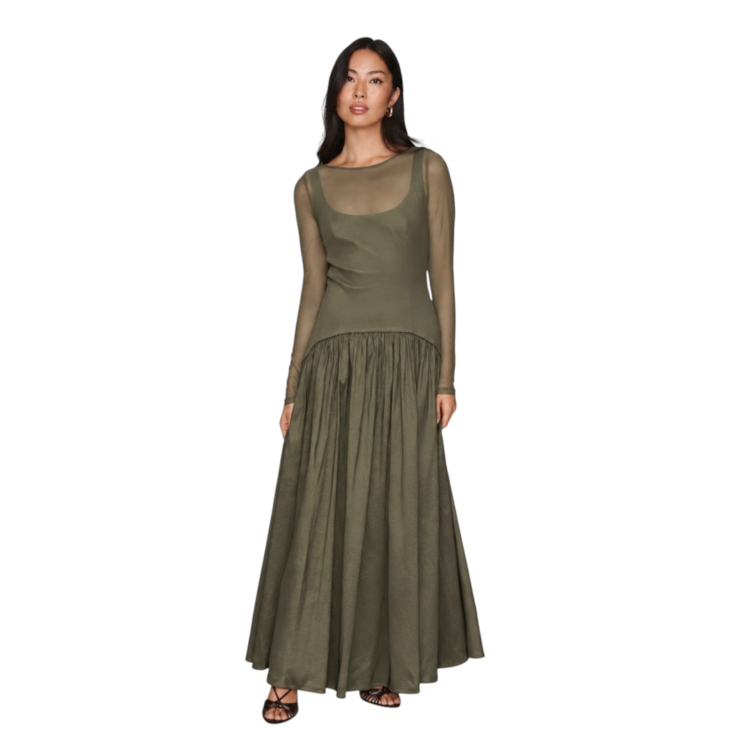 Hutch Susanne Olive Green Sheer Mesh Drop-Waist Maxi Dress — Size 2