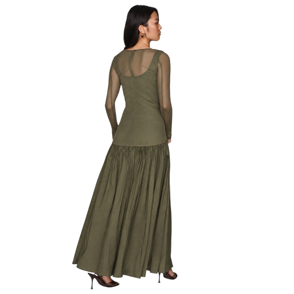 Hutch Susanne Olive Green Sheer Mesh Drop-Waist Maxi Dress — Size 2