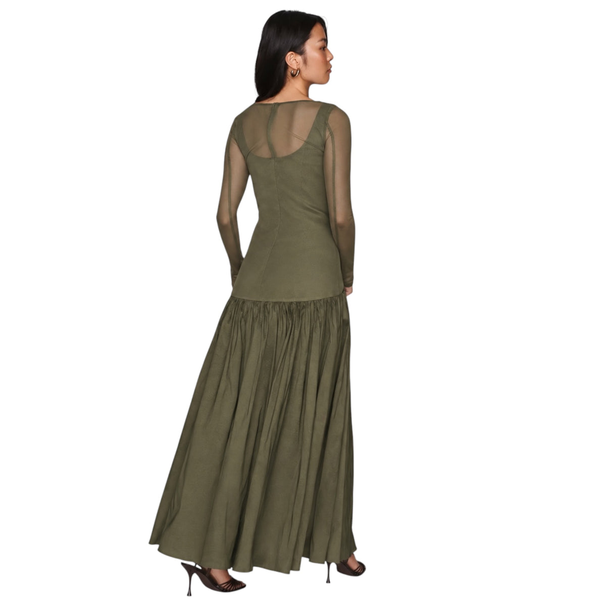 Hutch Susanne Olive Green Sheer Mesh Drop-Waist Maxi Dress — Size 2