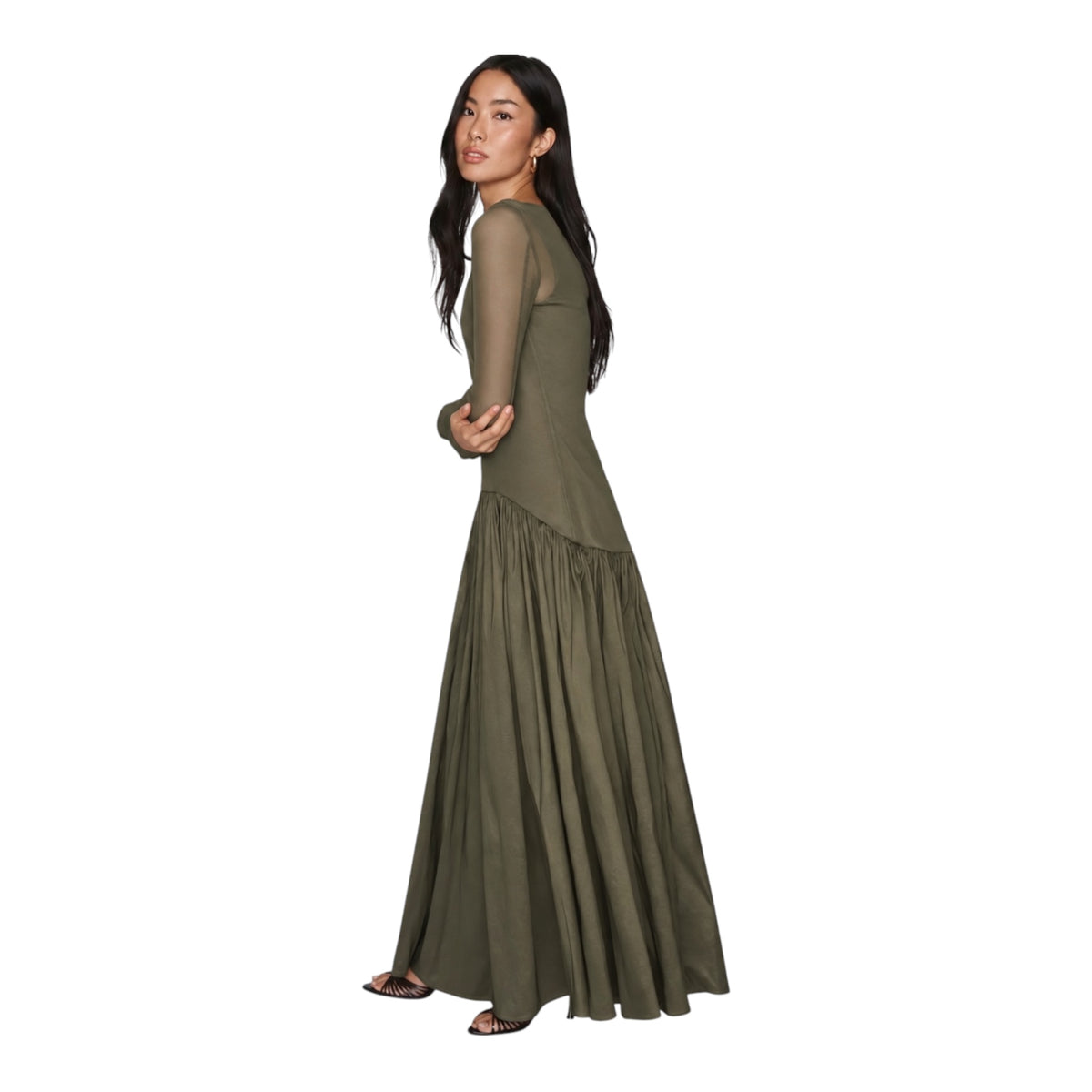Hutch Susanne Olive Green Sheer Mesh Drop-Waist Maxi Dress — Size 2