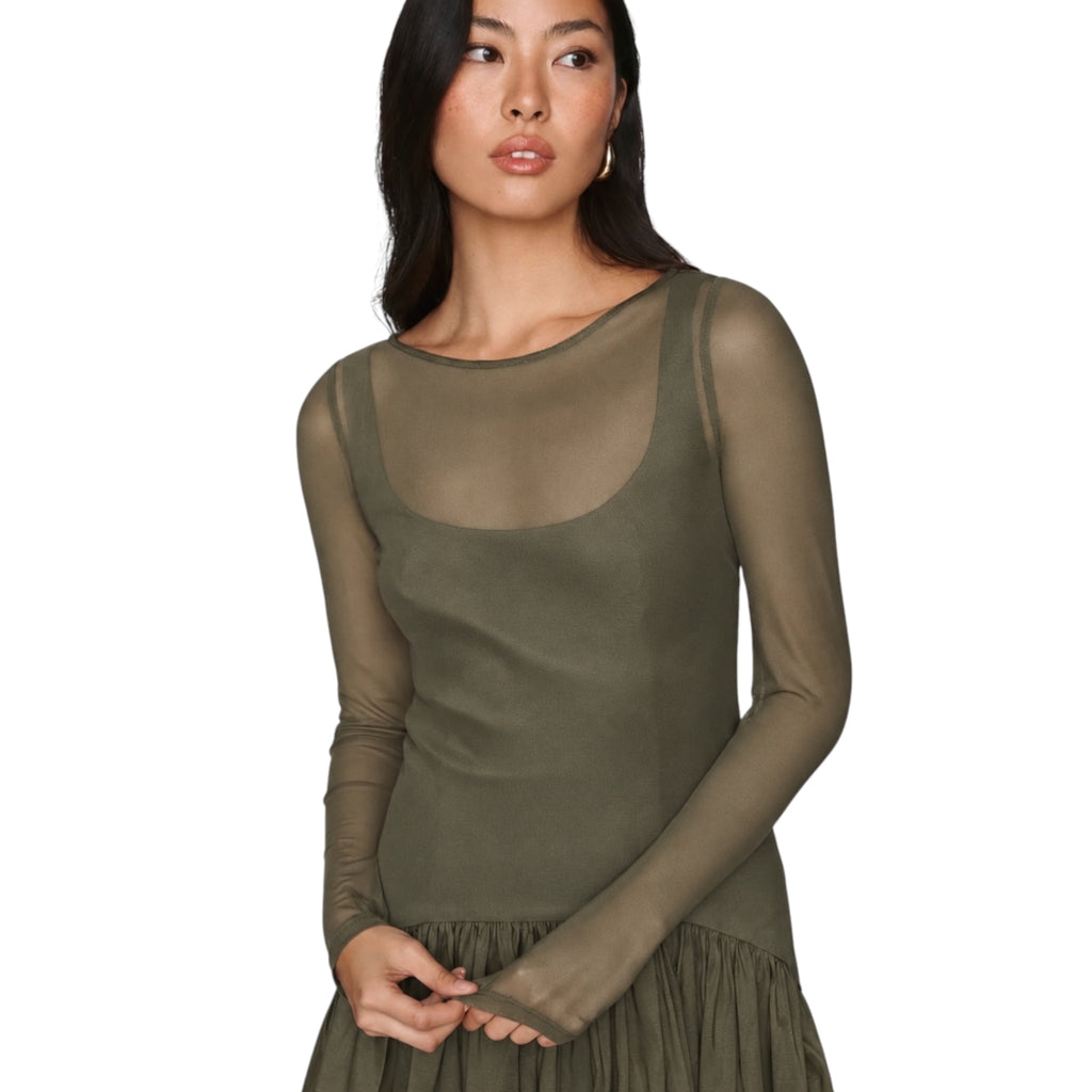 Hutch Susanne Olive Green Sheer Mesh Drop-Waist Maxi Dress — Size 2