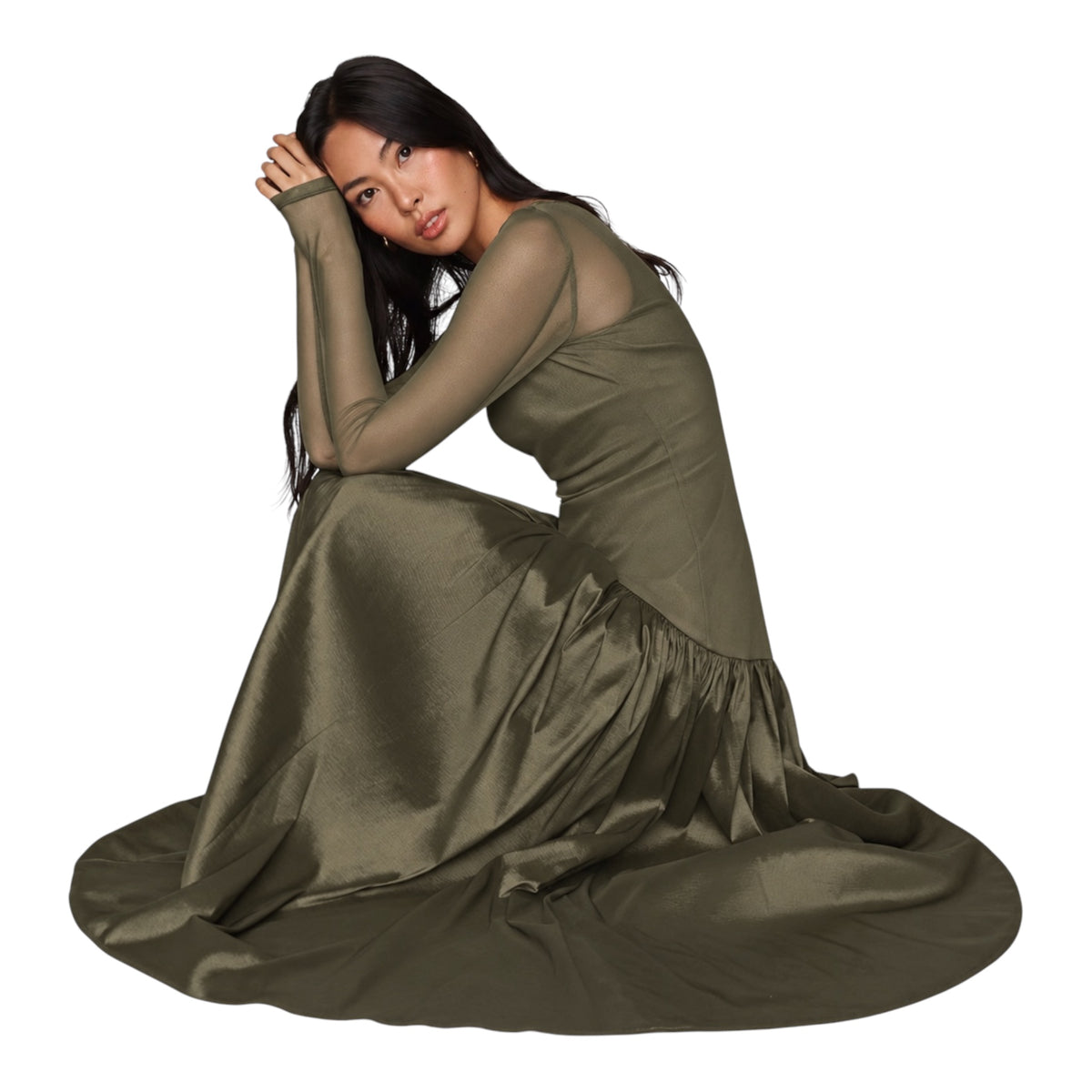 Hutch Susanne Olive Green Sheer Mesh Drop-Waist Maxi Dress — Size 2