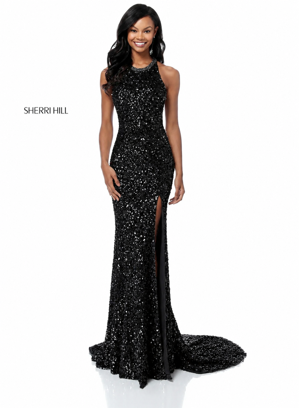 Sherri Hill 51430 Black Sequin Halter Gown Open Back High Slit NWT Size 0