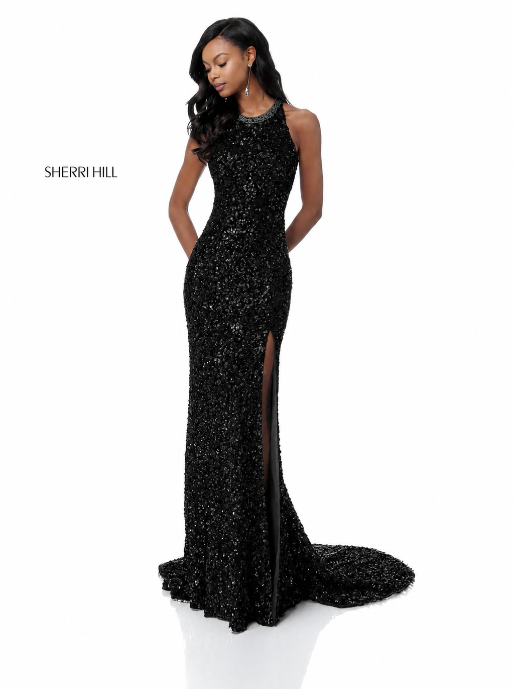 Sherri Hill 51430 Black Sequin Halter Gown Open Back High Slit NWT Size 0