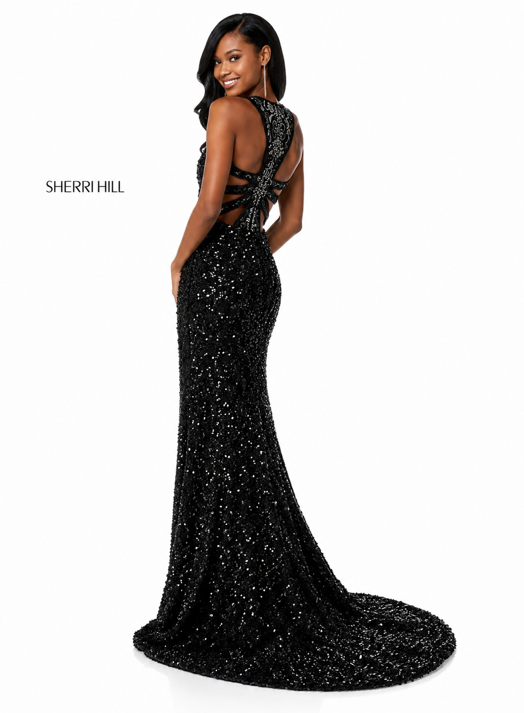 Sherri Hill 51430 Black Sequin Halter Gown Open Back High Slit NWT Size 0